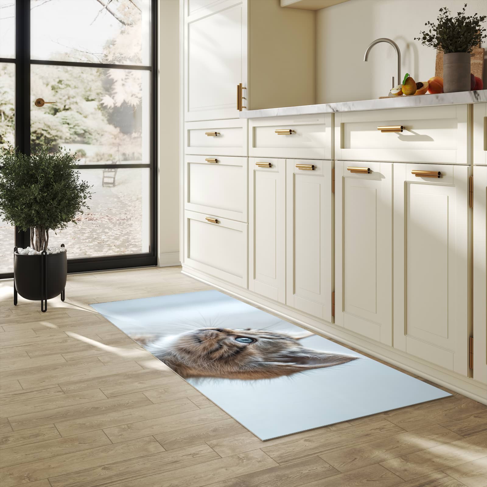 Abriebfester rutschfester Küchenläufer mit Motiv Kätzchen22 in heller Küche