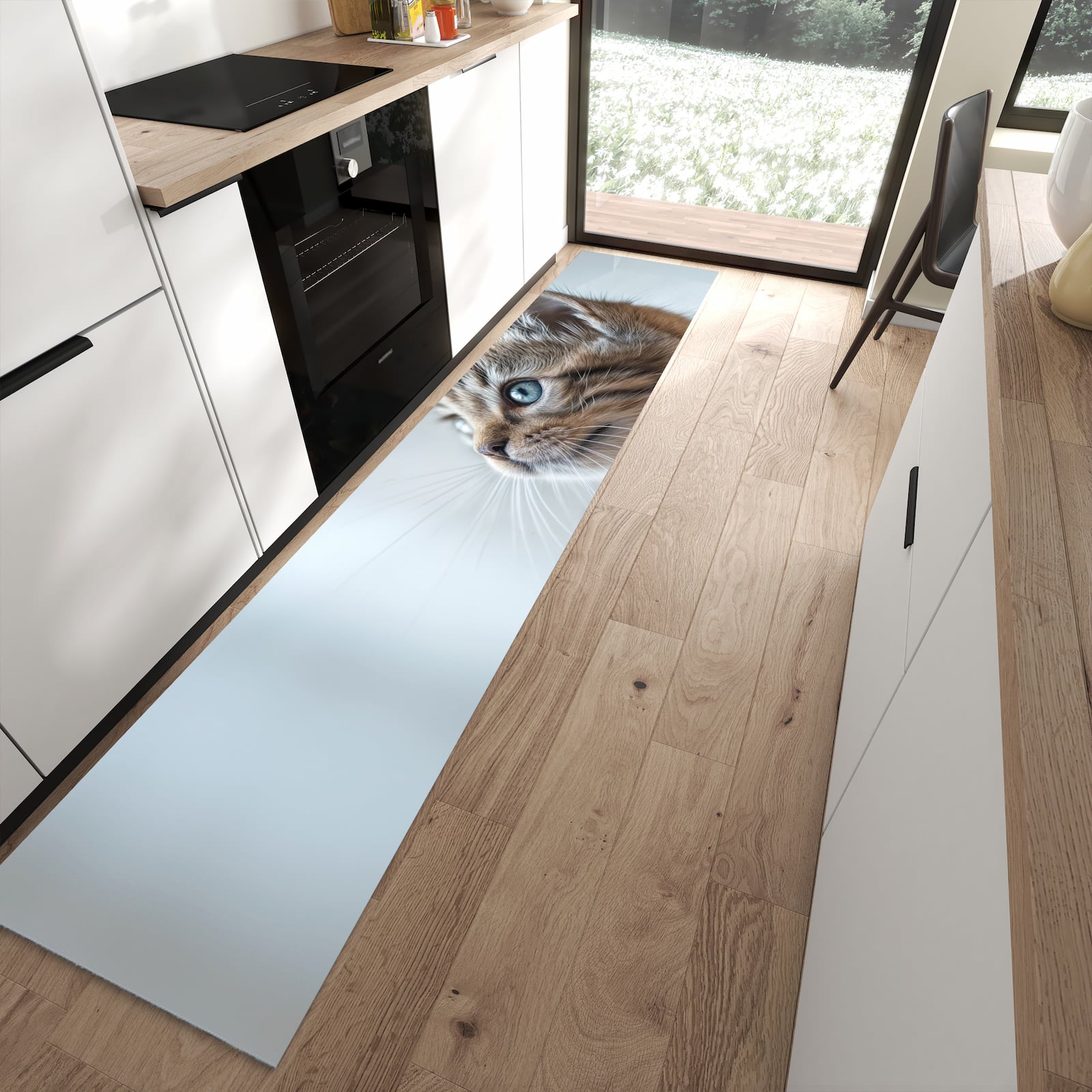 Komfortabler Küchenläufer nach Maß mit Motiv Kätzchen22 in moderner Küche