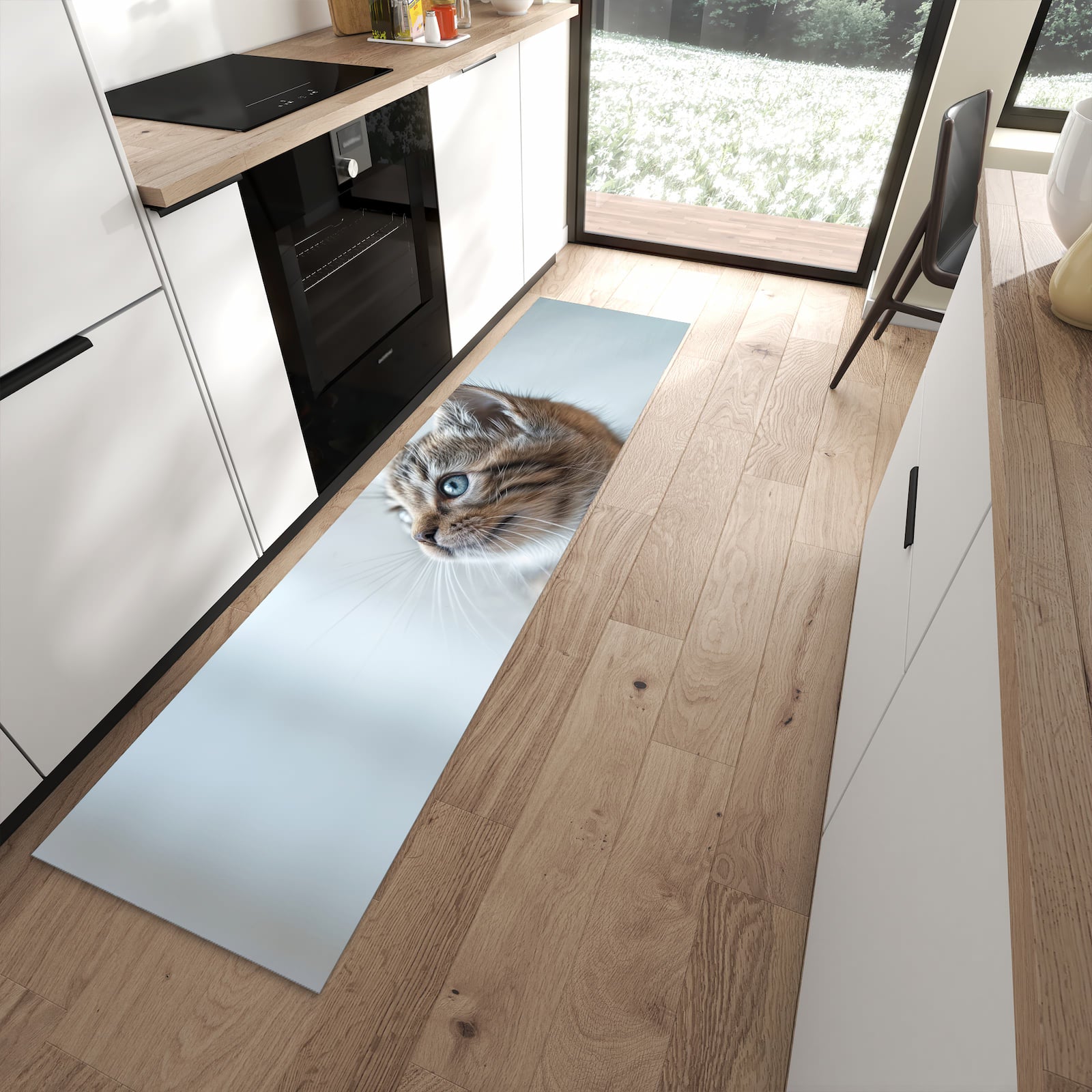 Abriebfester rutschfester Küchenläufer mit Motiv Kätzchen22 in moderner Küche