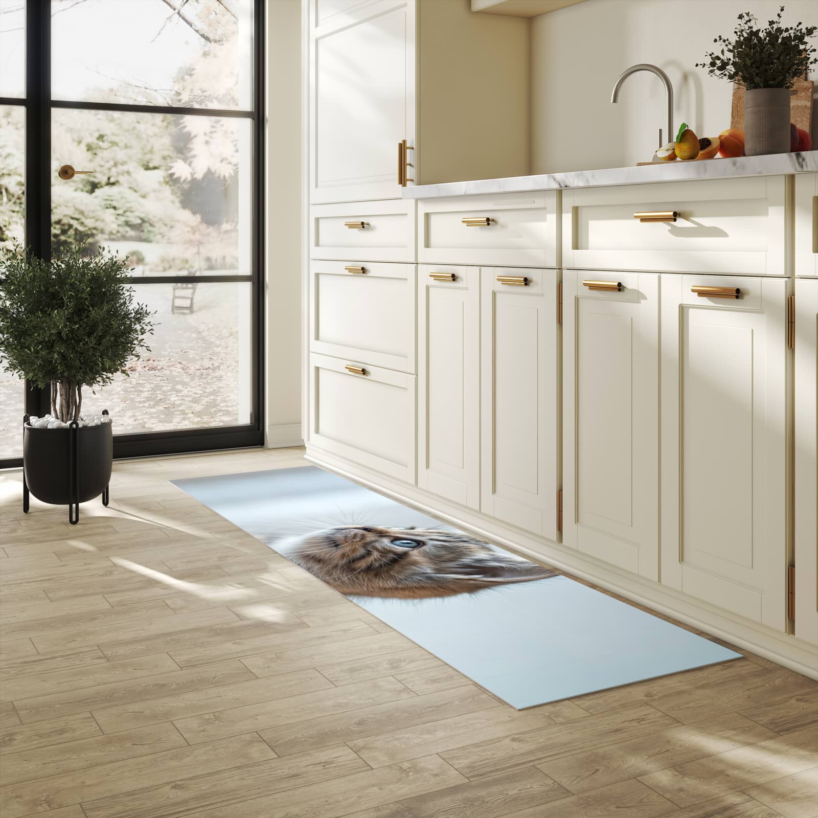 Formstabiler waschbarer Küchenteppich mit Motiv Kätzchen22 in heller Küche
