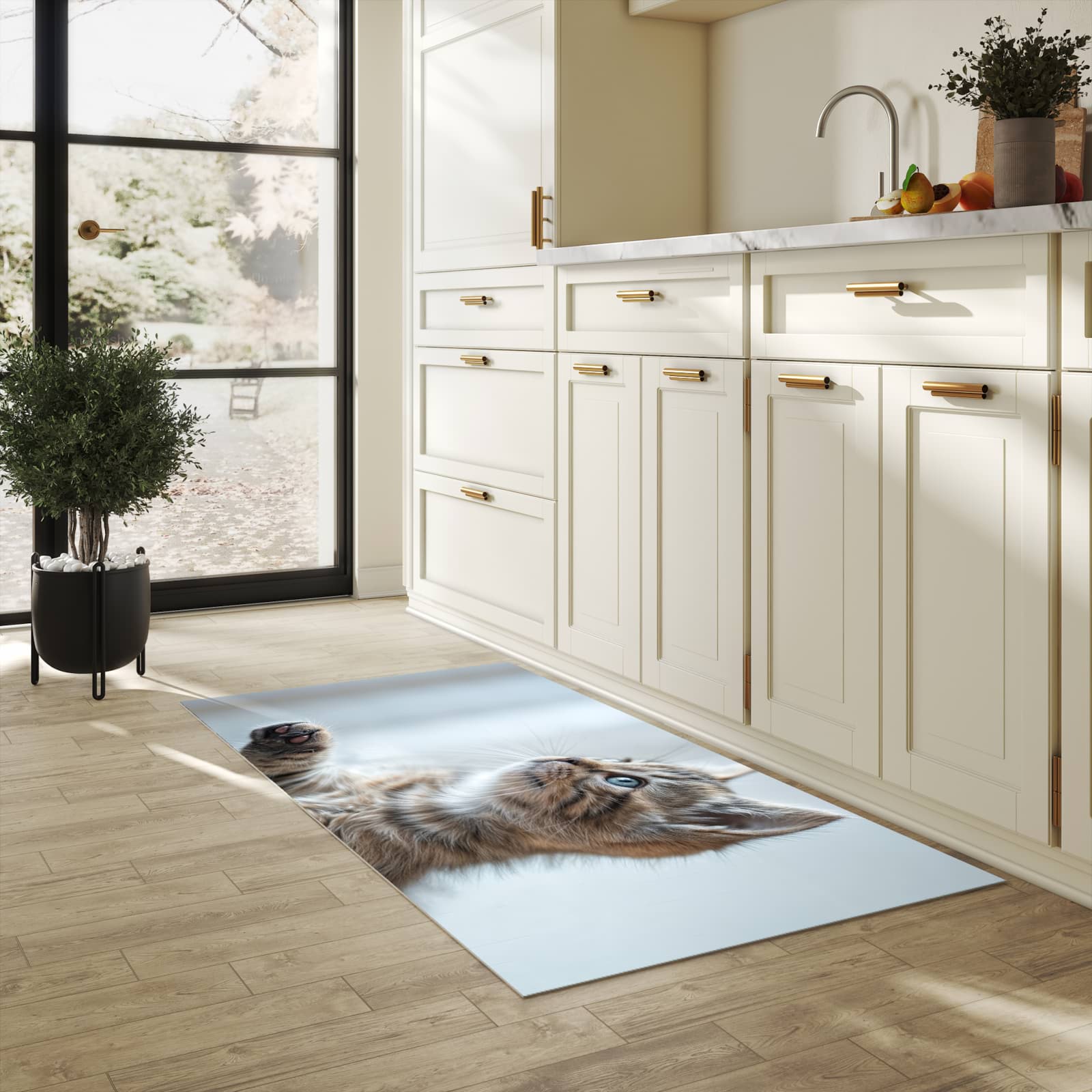 Fleckenresistenter rutschfester Küchenläufer mit Motiv Kätzchen22 in heller Küche