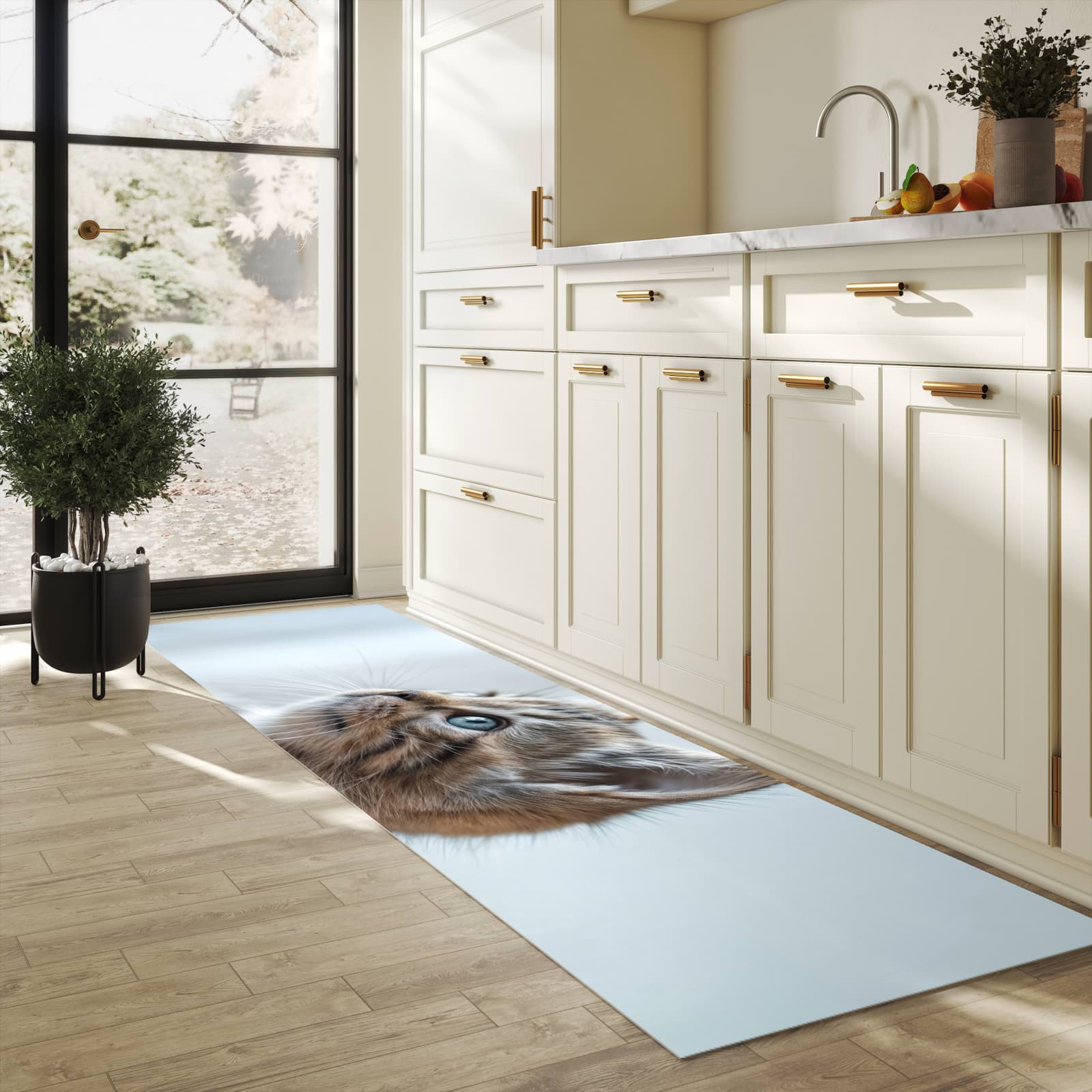 Wasserabweisender waschbarer Küchenläufer mit Motiv Kätzchen22 in heller Küche