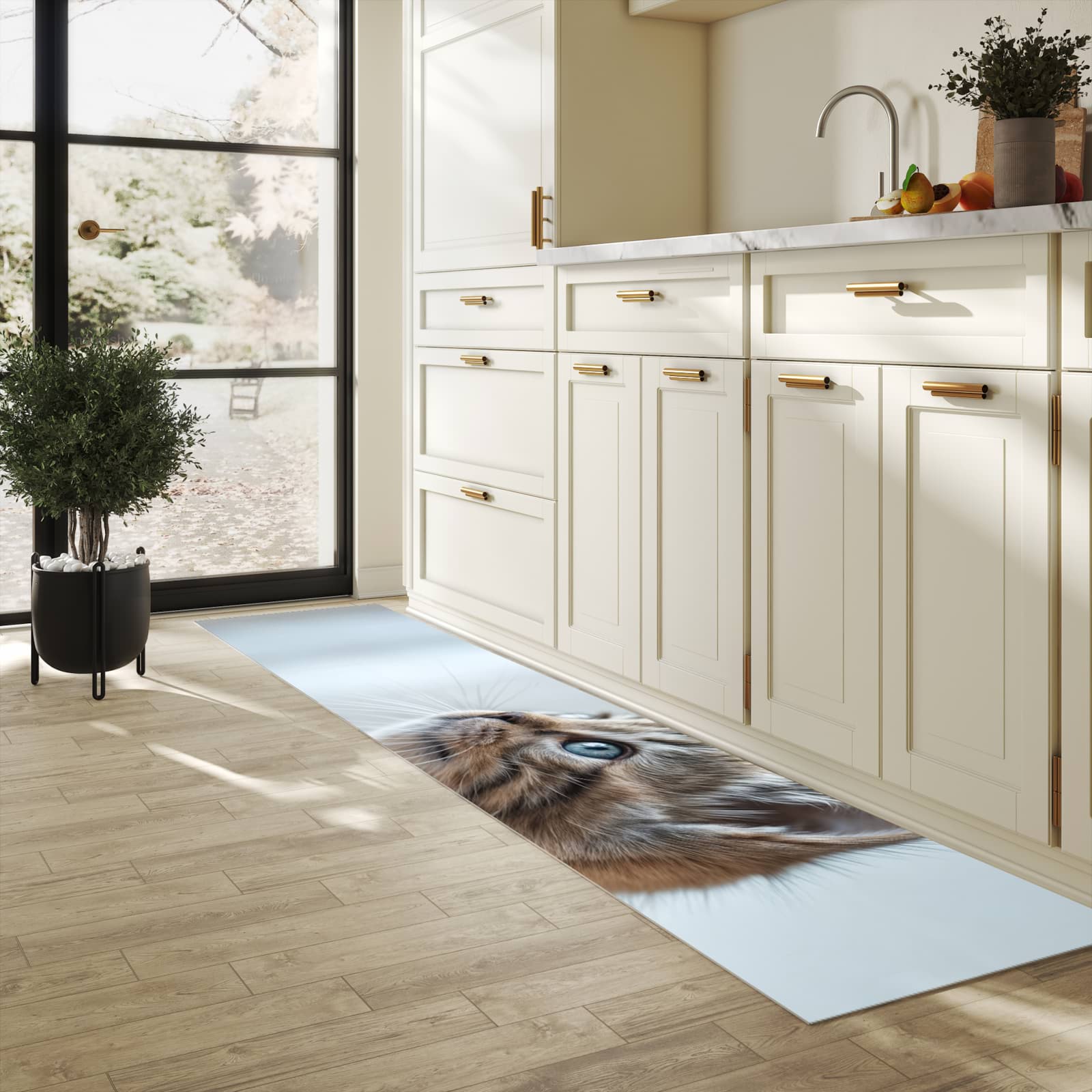 Zeitsparender Küchenläufer mit Motiv Kätzchen22 in heller Küche