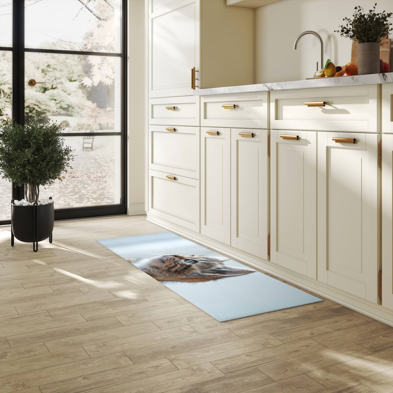 Farbbeständiger rutschfester Küchenteppich mit Motiv Kätzchen22 in heller Küche