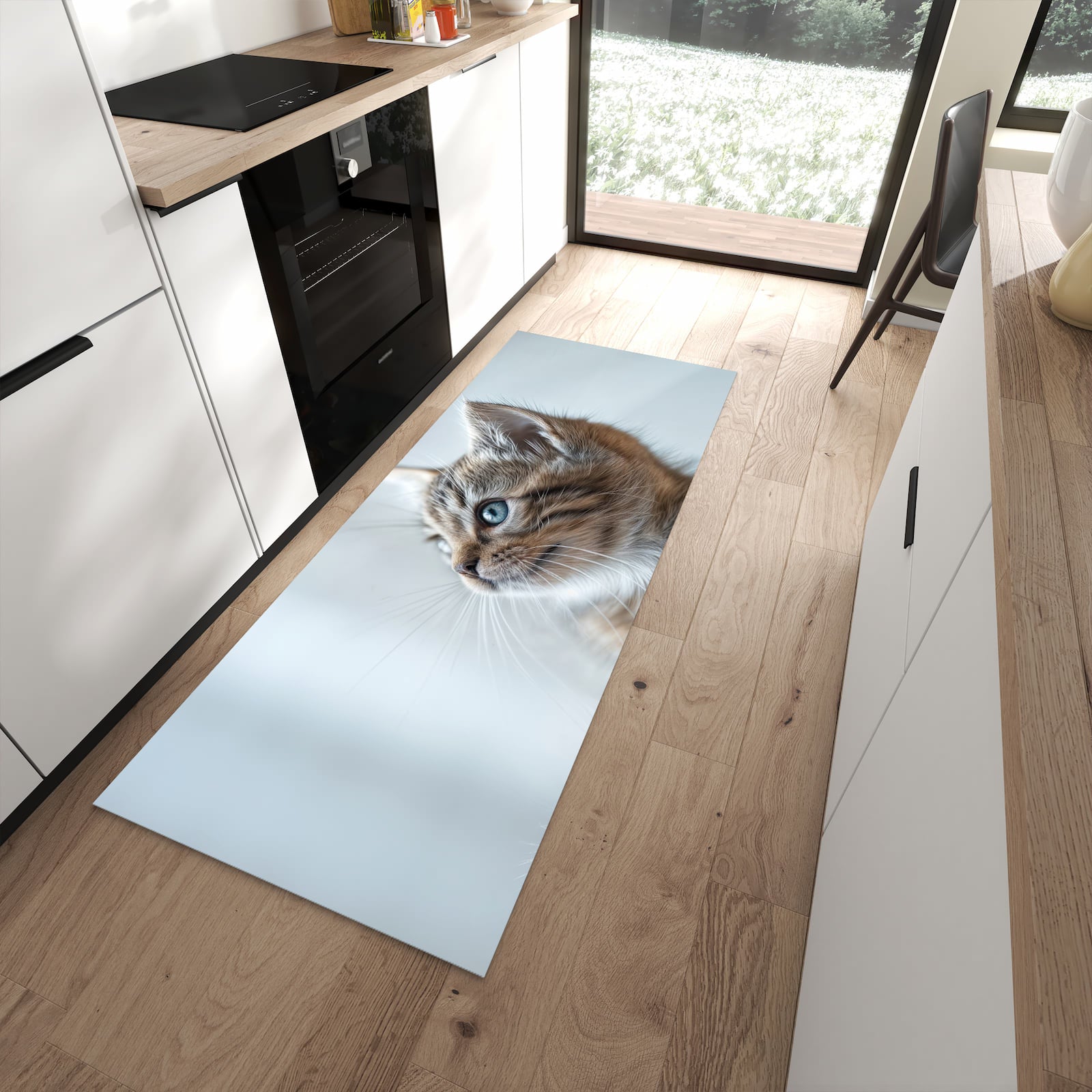 Fleckenresistenter moderner Küchenläufer mit Motiv Kätzchen22 in moderner Küche