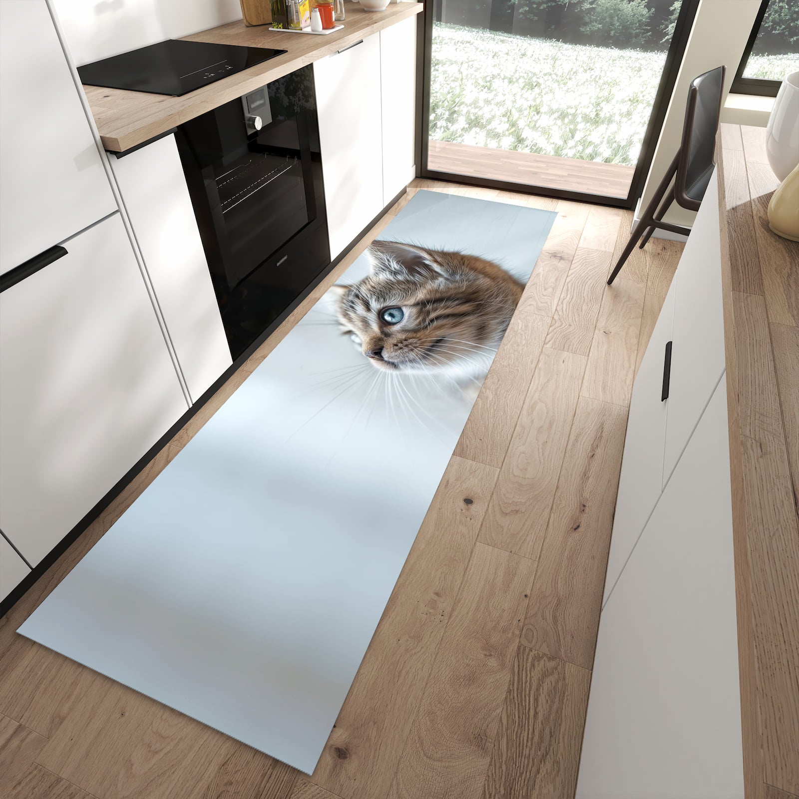 Geruchsneutraler abwaschbarer Küchenteppich mit Motiv Kätzchen22 in moderner Küche