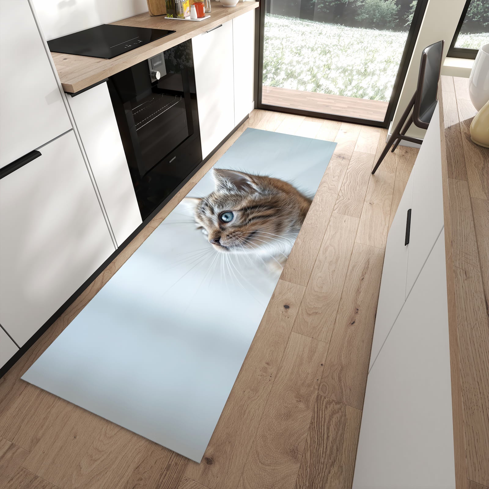 Schmutzabweisender Küchenläufer mit Motiv Kätzchen22 in moderner Küche