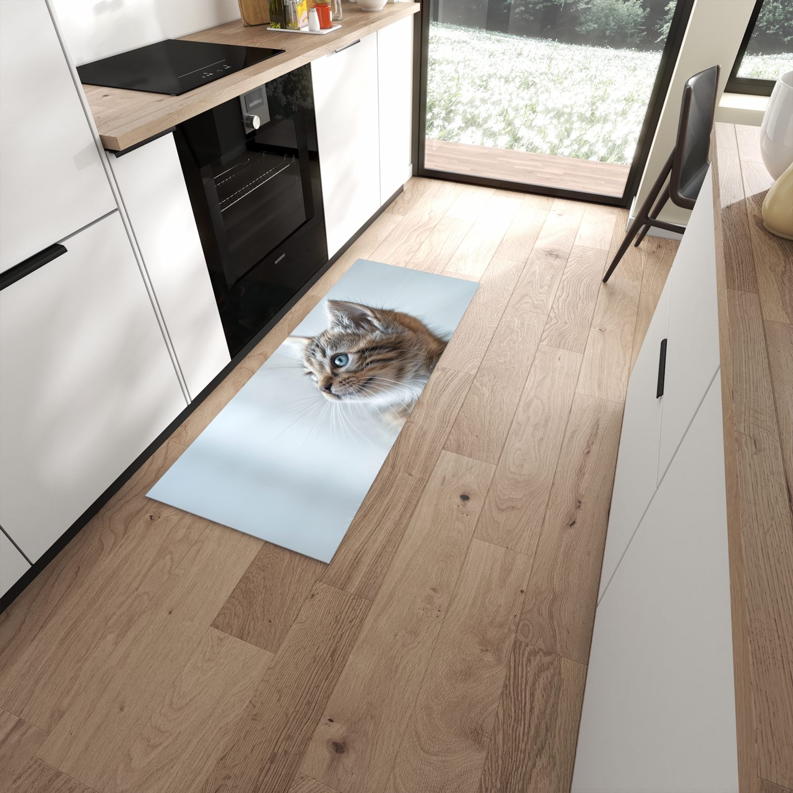 Zeitsparender rutschfester Küchenläufer mit Motiv Kätzchen22 in moderner Küche #grösse_60 x 150 cm