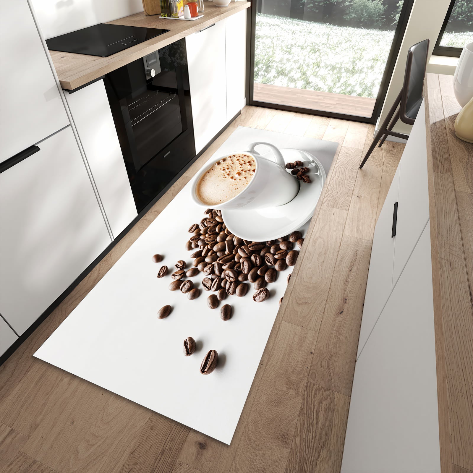 Formstabiler rutschfester Küchenläufer mit Motiv Kaffeetasse und Bohnen in moderner Küche