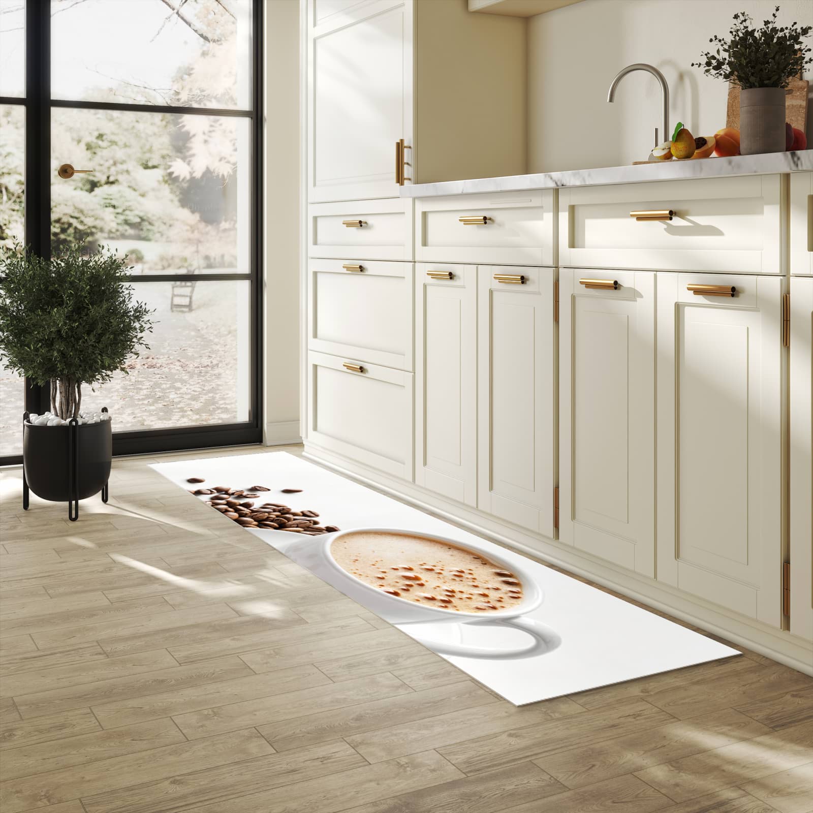 Pflegeleichter rutschfester Küchenteppich mit Motiv Kaffeetasse und Bohnen in heller Küche