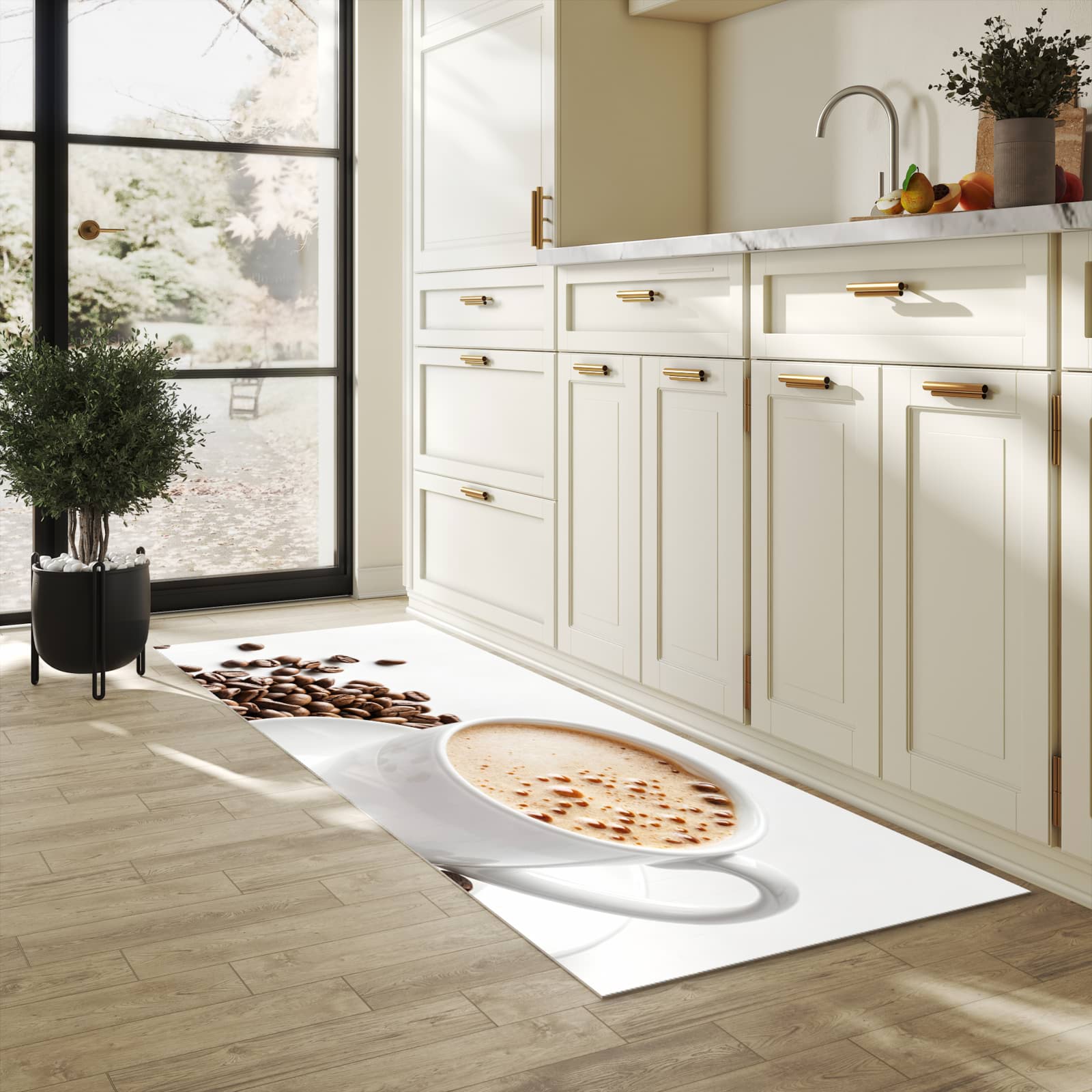 Waschbarer Küchenteppich mit Motiv Kaffeetasse und Bohnen in heller Küche