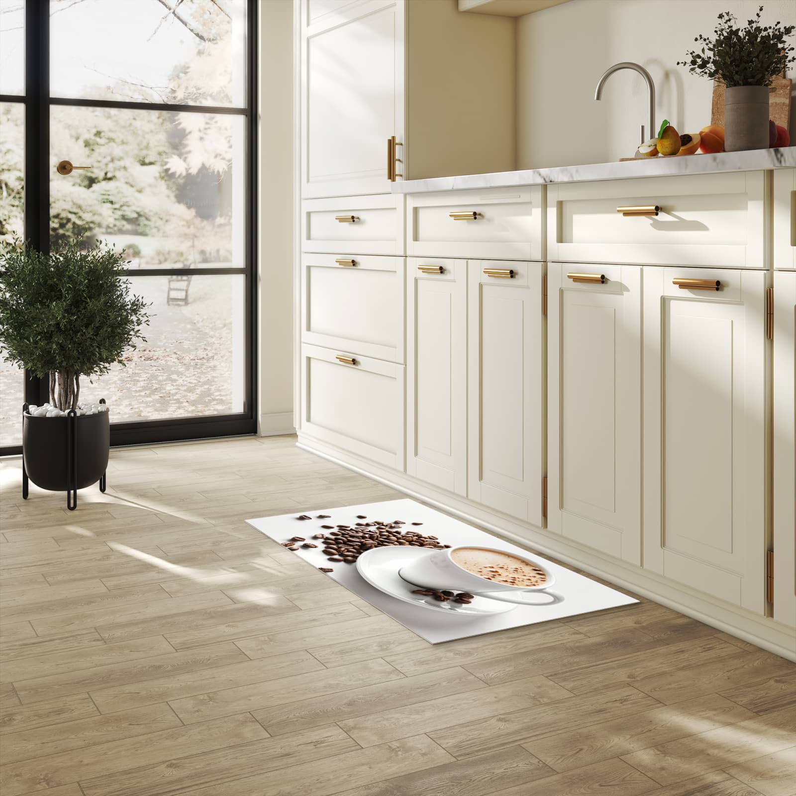 Flacher rutschfester Küchenteppich mit Motiv Kaffeetasse und Bohnen in heller Küche