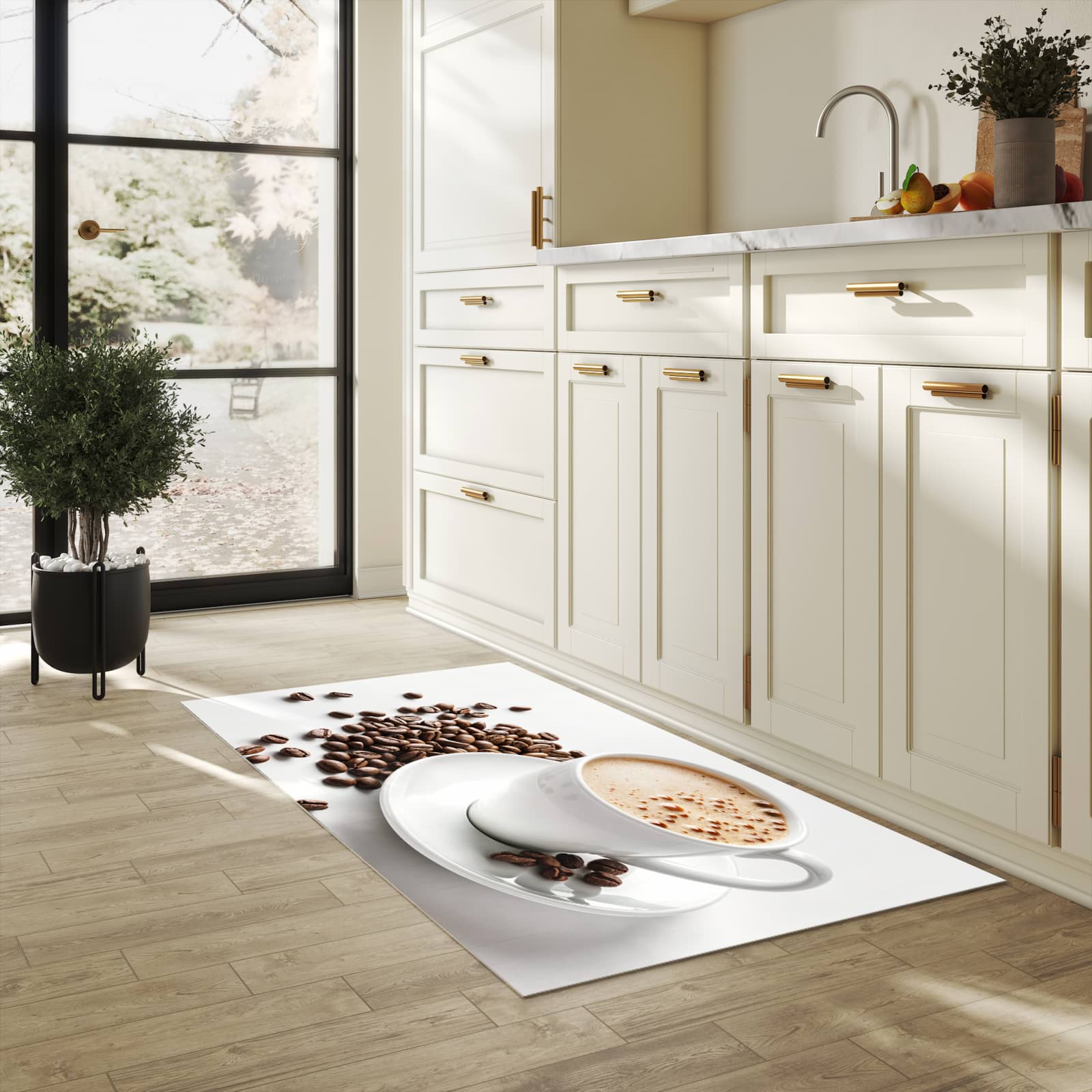 Feuchtigkeitsresistenter Küchenteppich mit Motiv Kaffeetasse und Bohnen in heller Küche