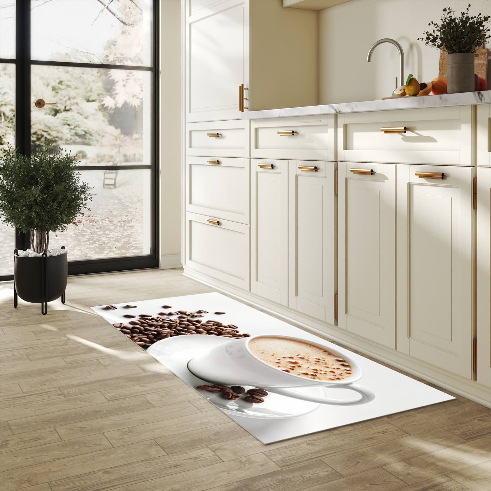 Strapazierfähiger Küchenteppich mit Motiv Kaffeetasse und Bohnen in heller Küche