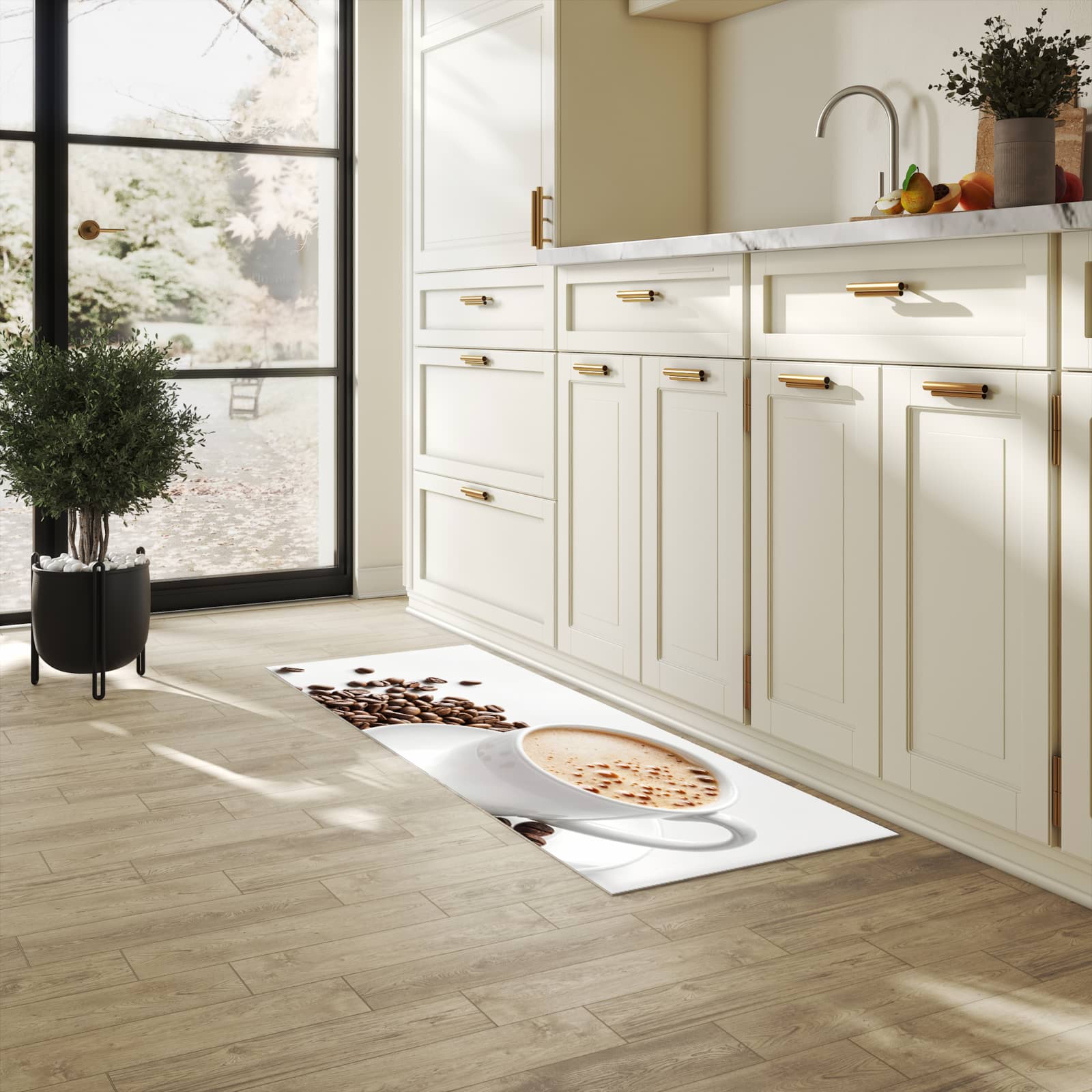 Komfortabler Teppich fürs Esszimmer mit Motiv Kaffeetasse und Bohnen in heller Küche, waschbar