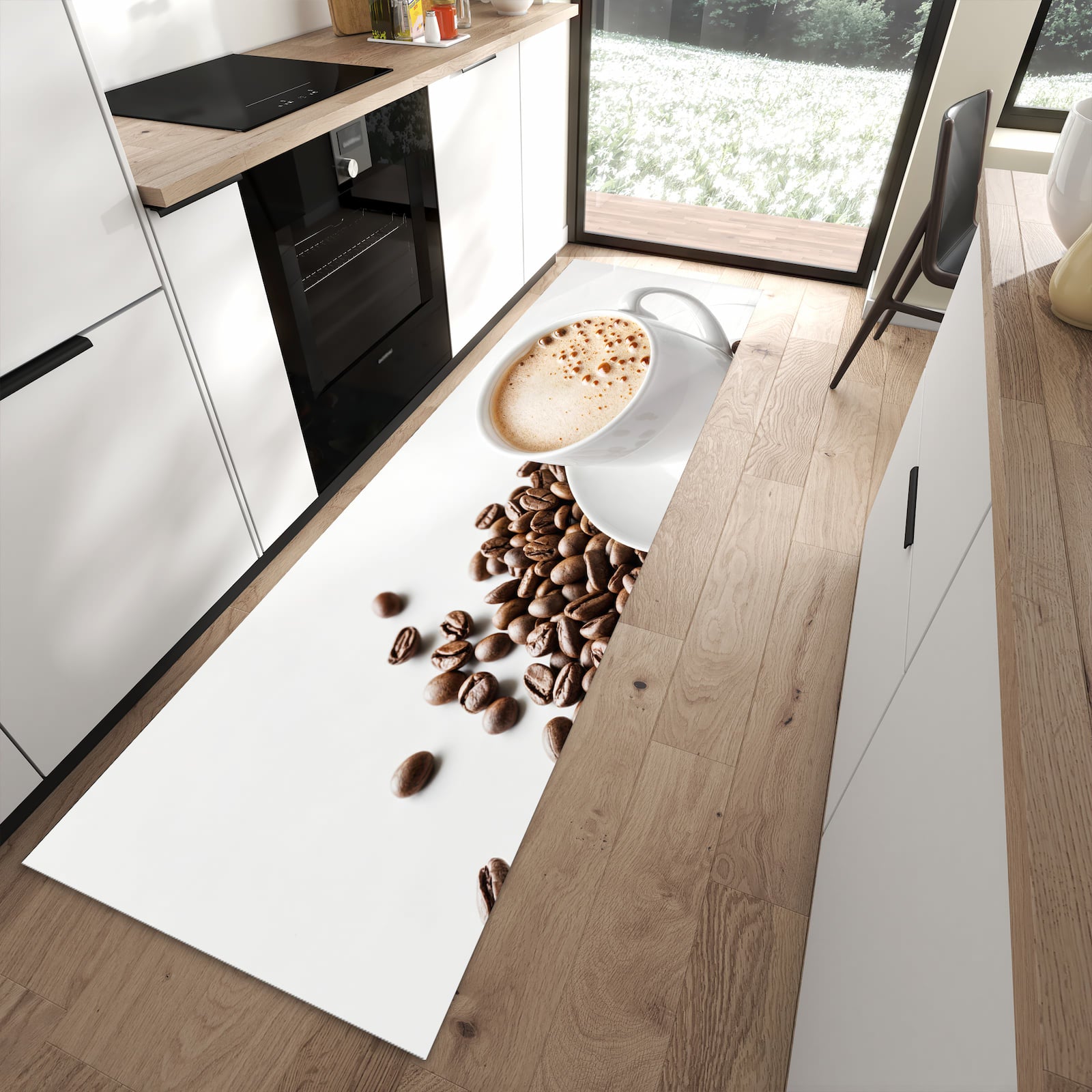 Küchenteppich mit Motiv Kaffeetasse und Bohnen für Ordnung in moderner Küche