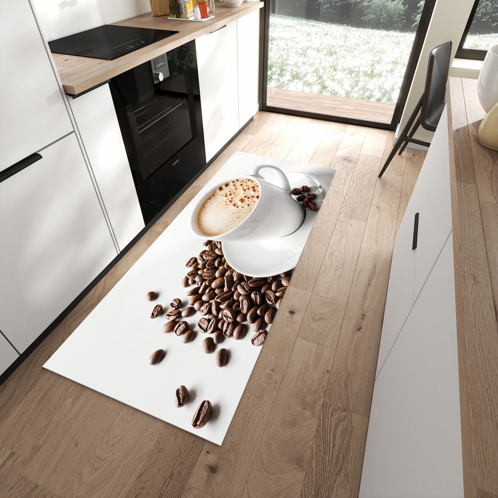 Feuchtigkeitsresistenter Küchenteppich mit Motiv Kaffeetasse und Bohnen in moderner Küche
