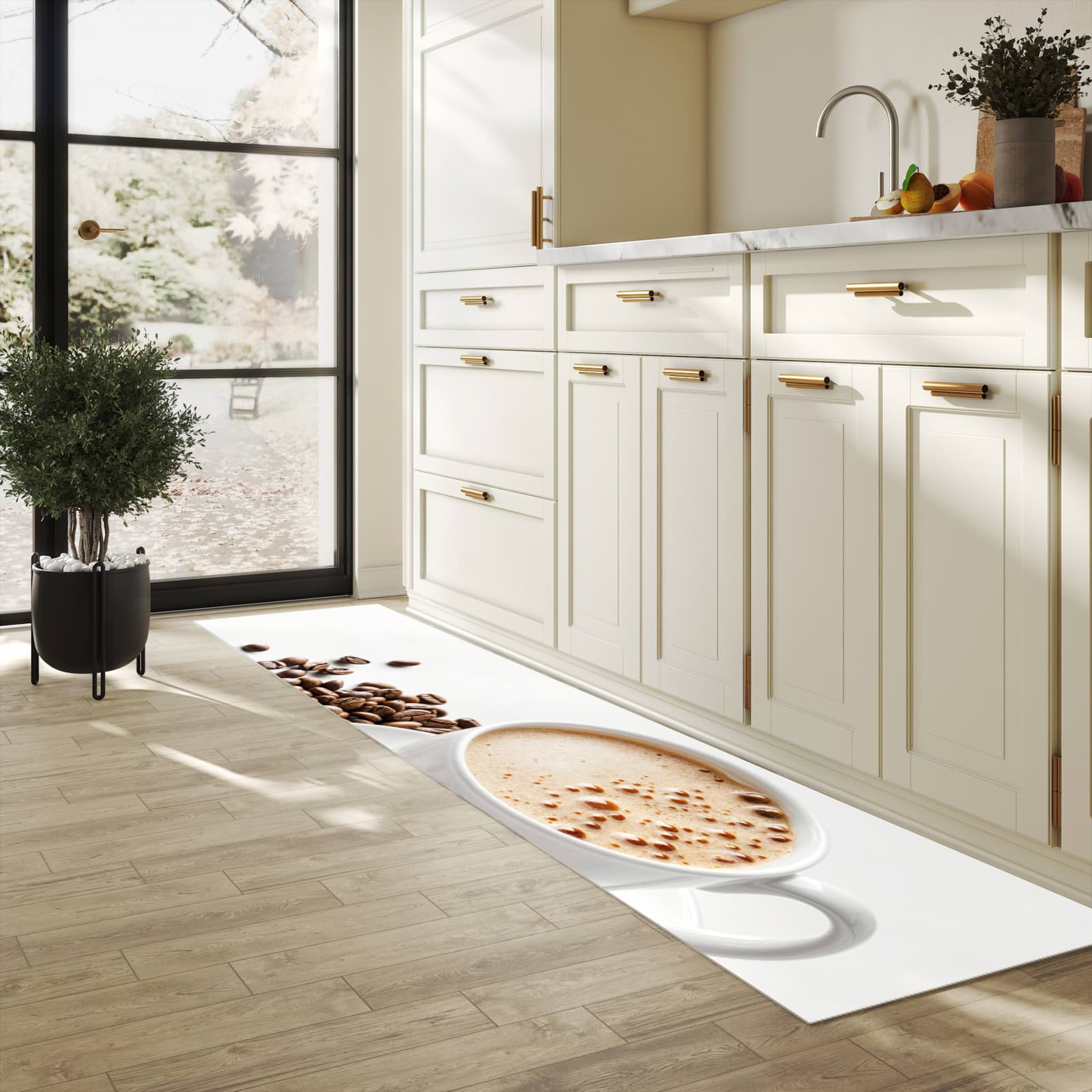 Bodenläufer mit Motiv Kaffeetasse und Bohnen für angenehme Haptik in heller Küche
