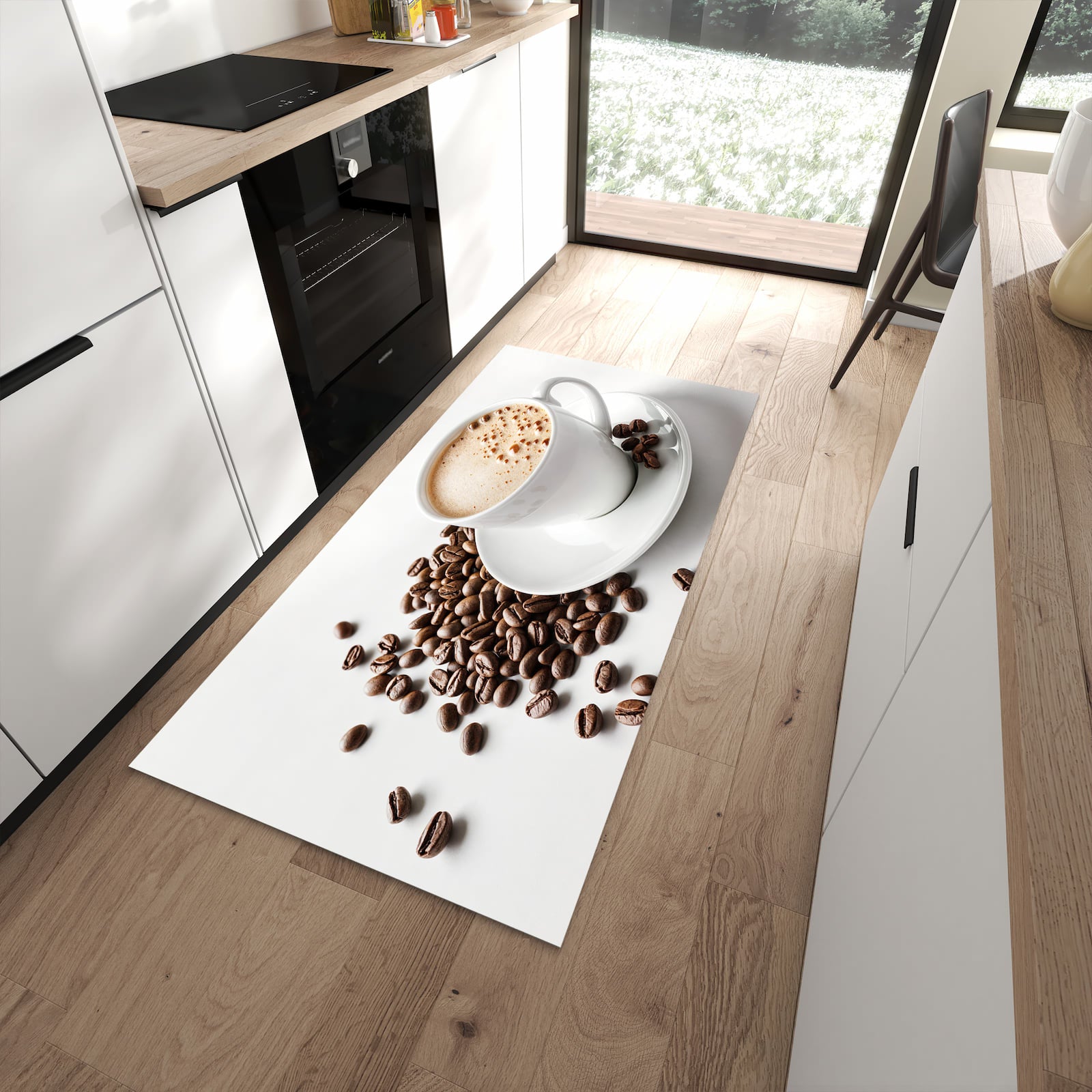 Farbbeständiger waschbarer Küchenläufer mit Motiv Kaffeetasse und Bohnen in moderner Küche