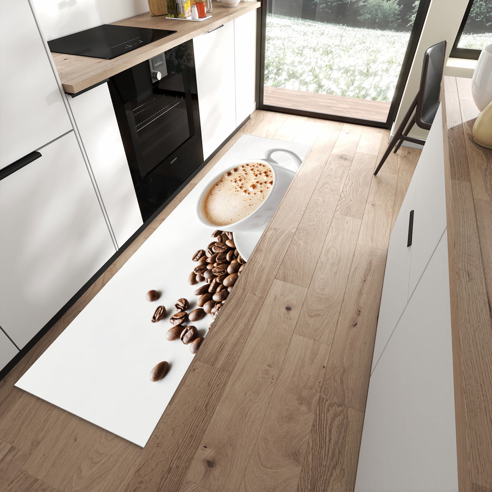 Strapazierfähiger Küchenteppich mit Motiv Kaffeetasse und Bohnen in moderner Küche