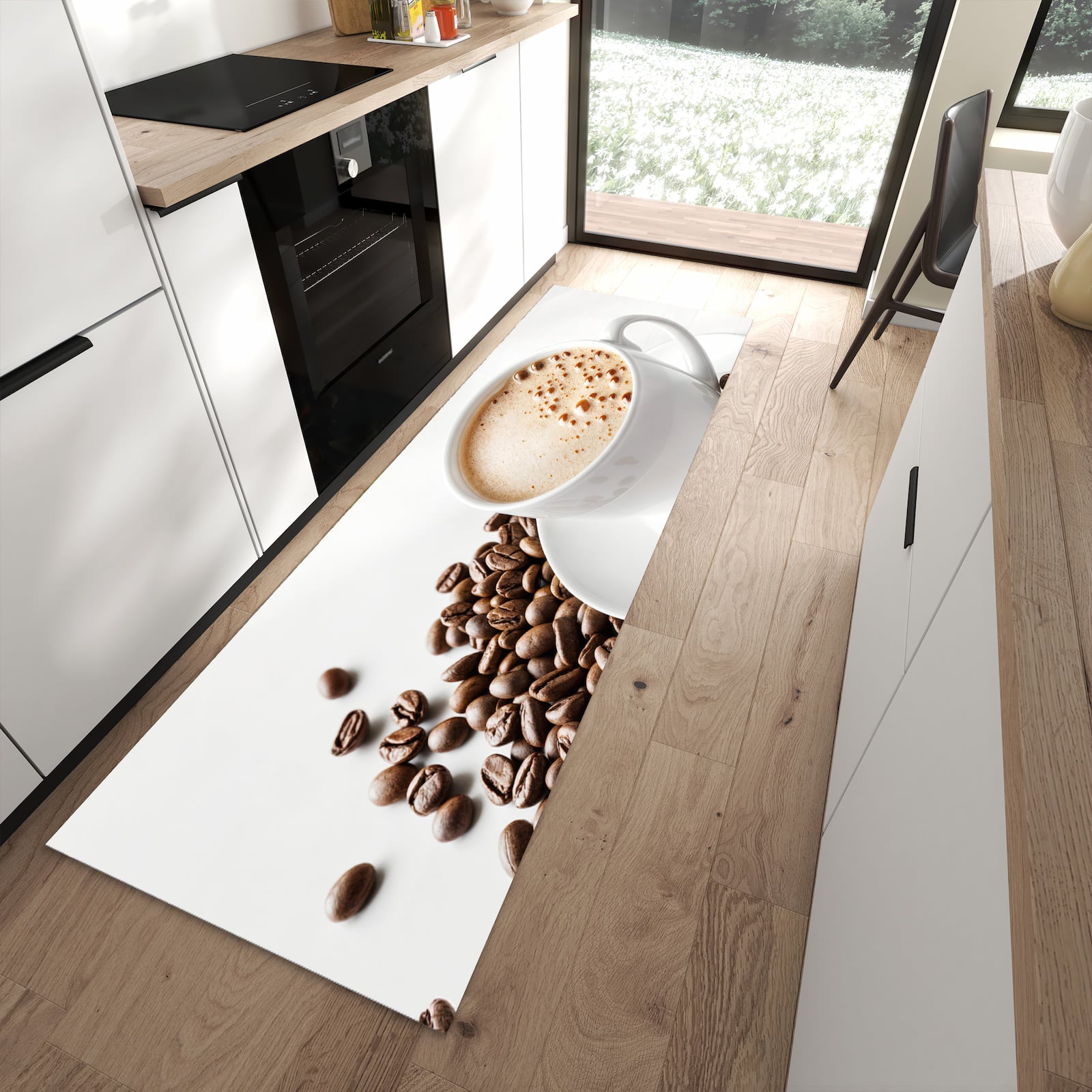 Bodenschonender Küchenteppich mit Motiv Kaffeetasse und Bohnen in moderner Küche
