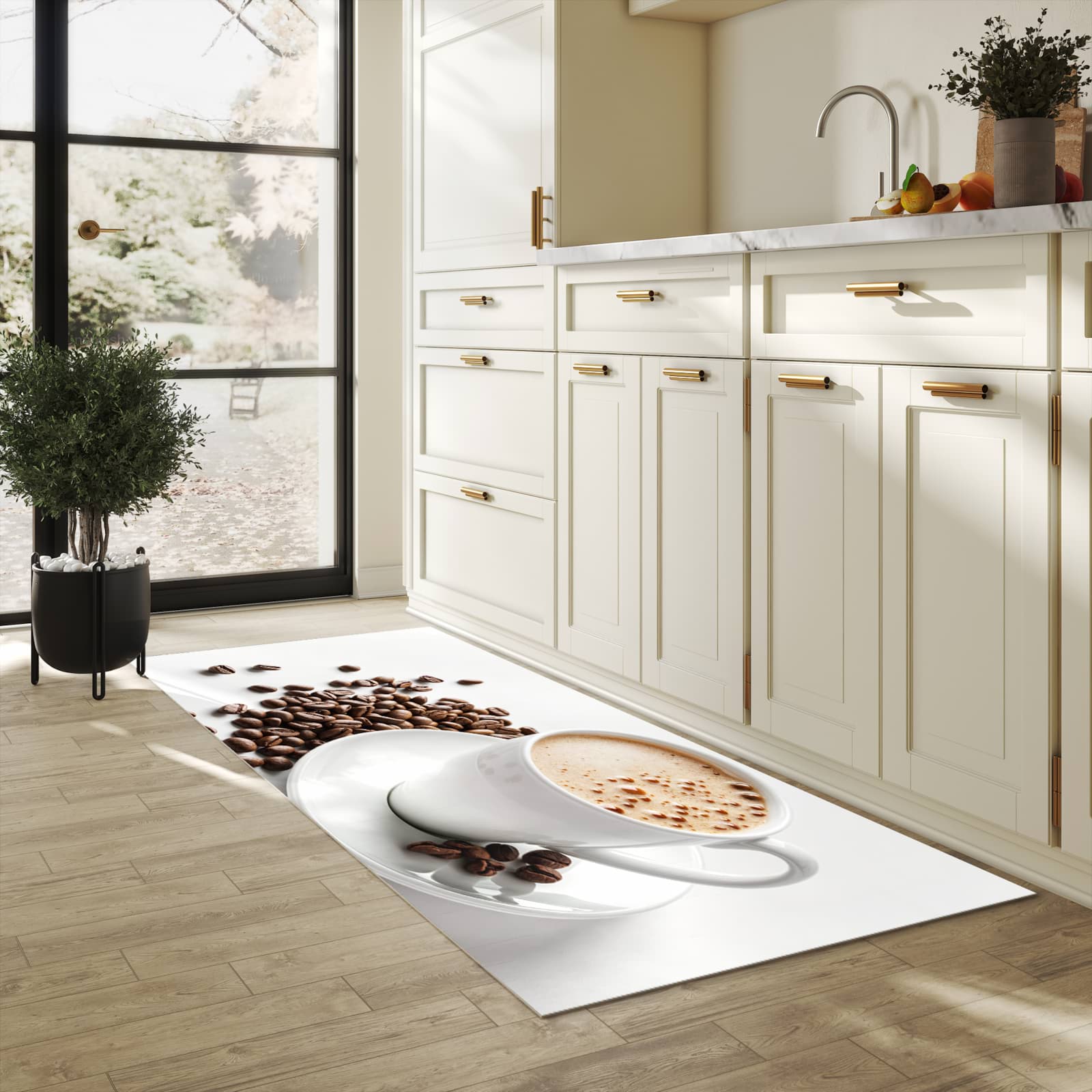 Waschbarer Küchenteppich mit Motiv Kaffeetasse und Bohnen in heller Küche schont den Boden