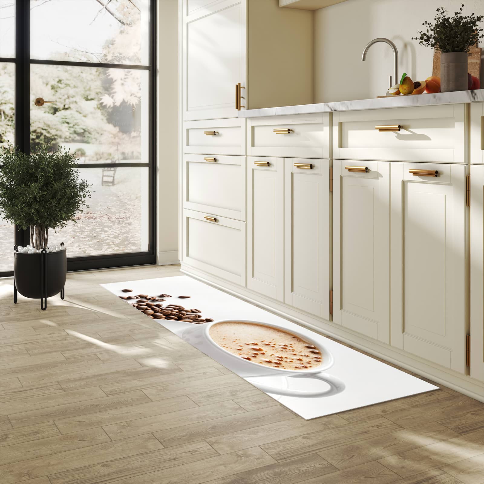 Rutschfester Teppich für Esstisch mit Motiv Kaffeetasse und Bohnen in heller Küche