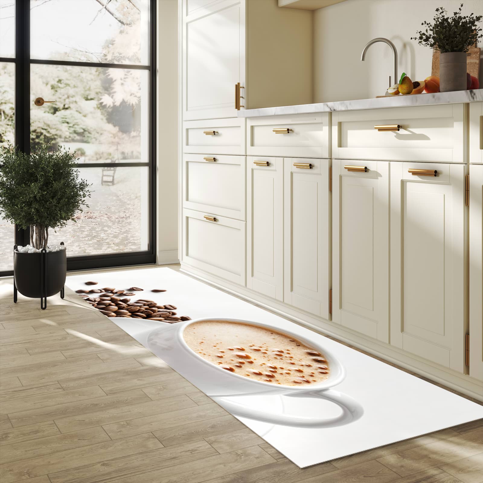 Rutschfester Küchenteppich mit Motiv Kaffeetasse und Bohnen in heller Küche