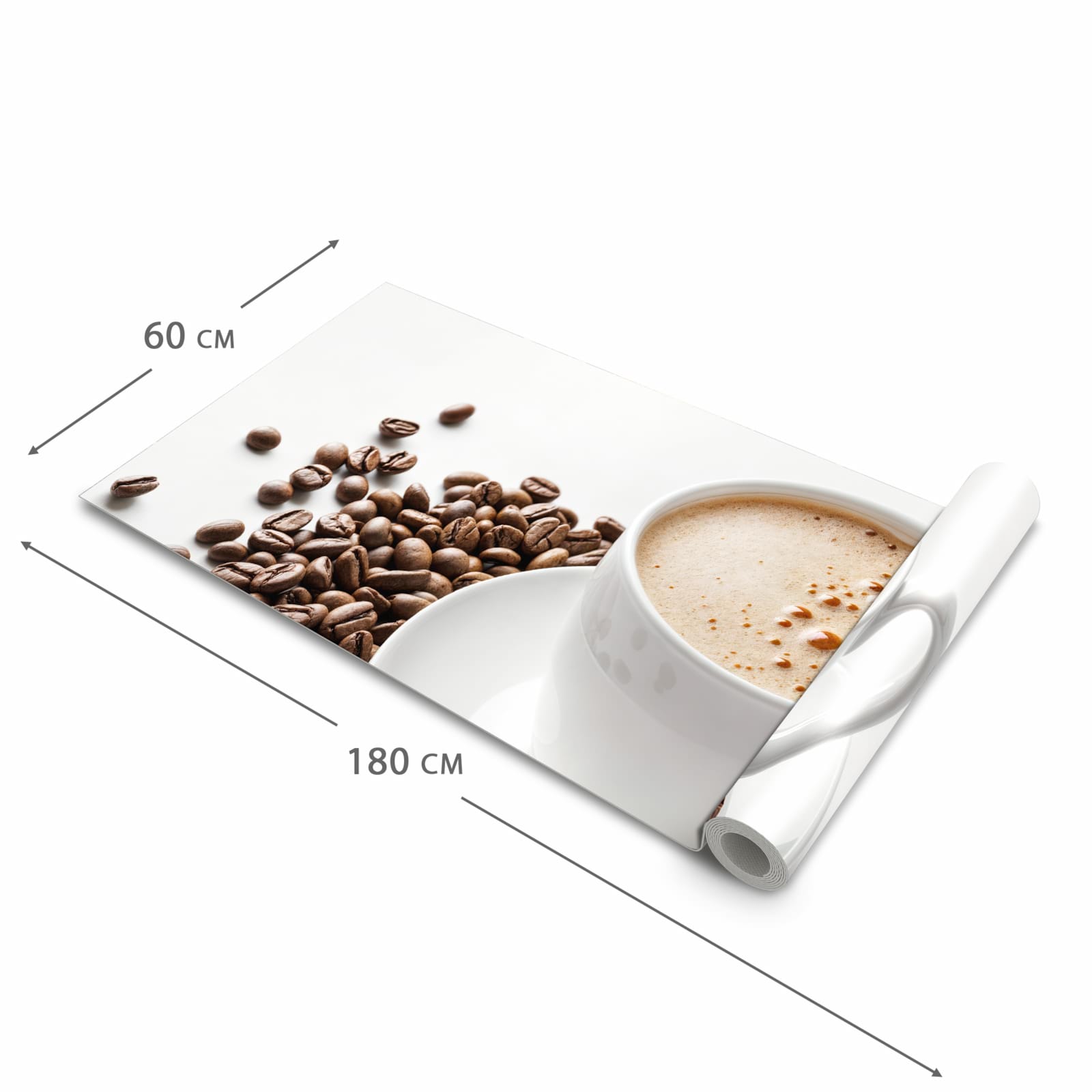 Langlebiger dünner Küchenteppich mit Motiv Kaffeetasse und Bohnen in der Grösse 90x240 cm