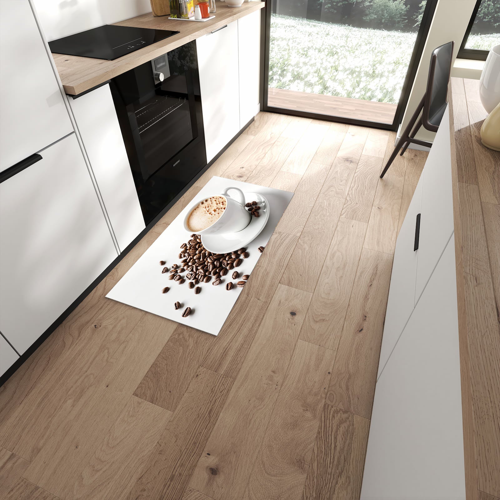 Waschbarer Küchenteppich mit Motiv Kaffeetasse und Bohnen in moderner Küche #grösse_60 x 120 cm