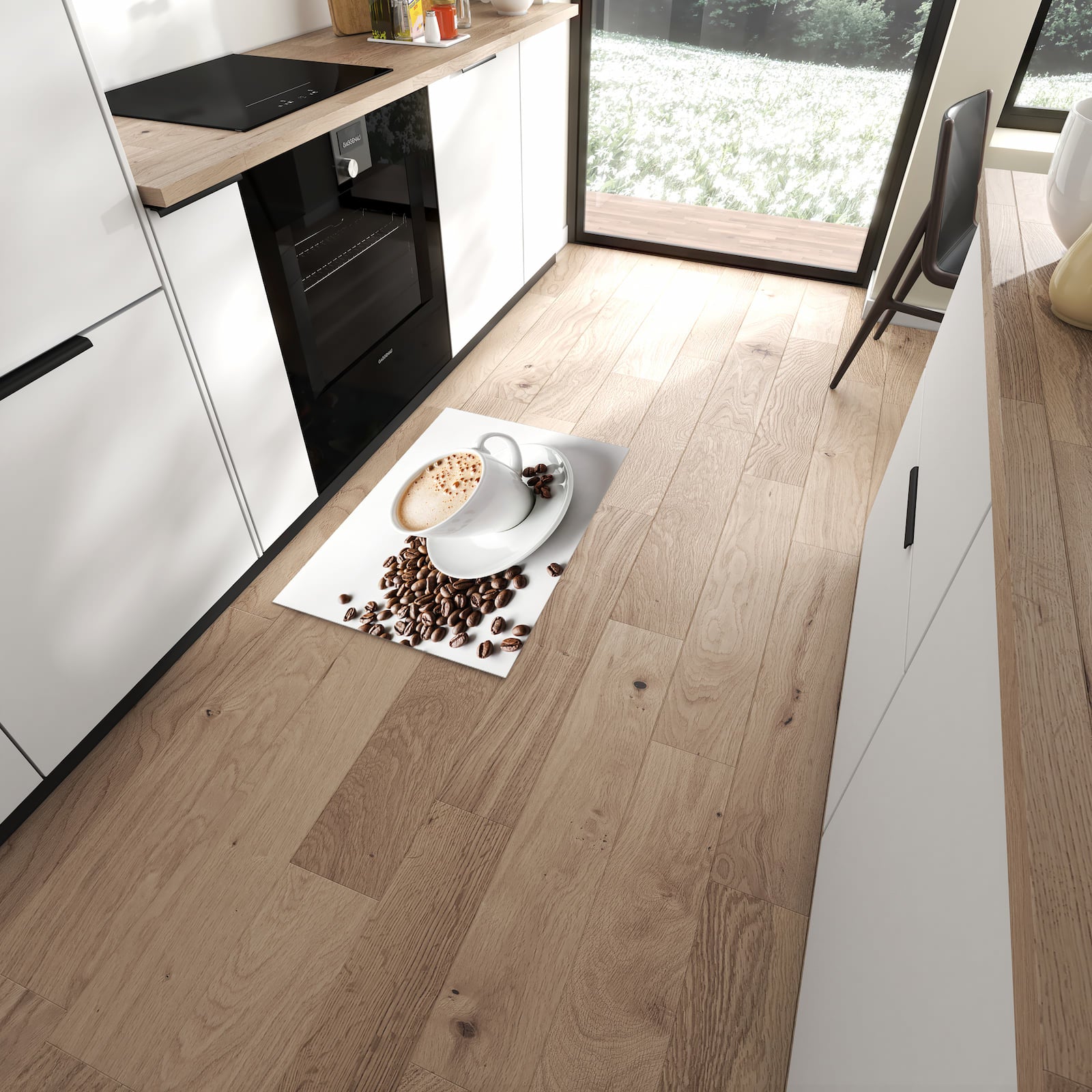 Rutschfester großer Küchenteppich mit Motiv Kaffeetasse und Bohnen in moderner Küche