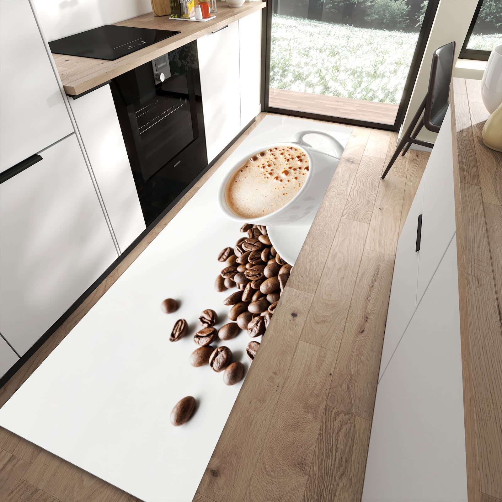 Bodenschonender Küchenläufer mit Motiv Kaffeetasse und Bohnen in moderner Küche