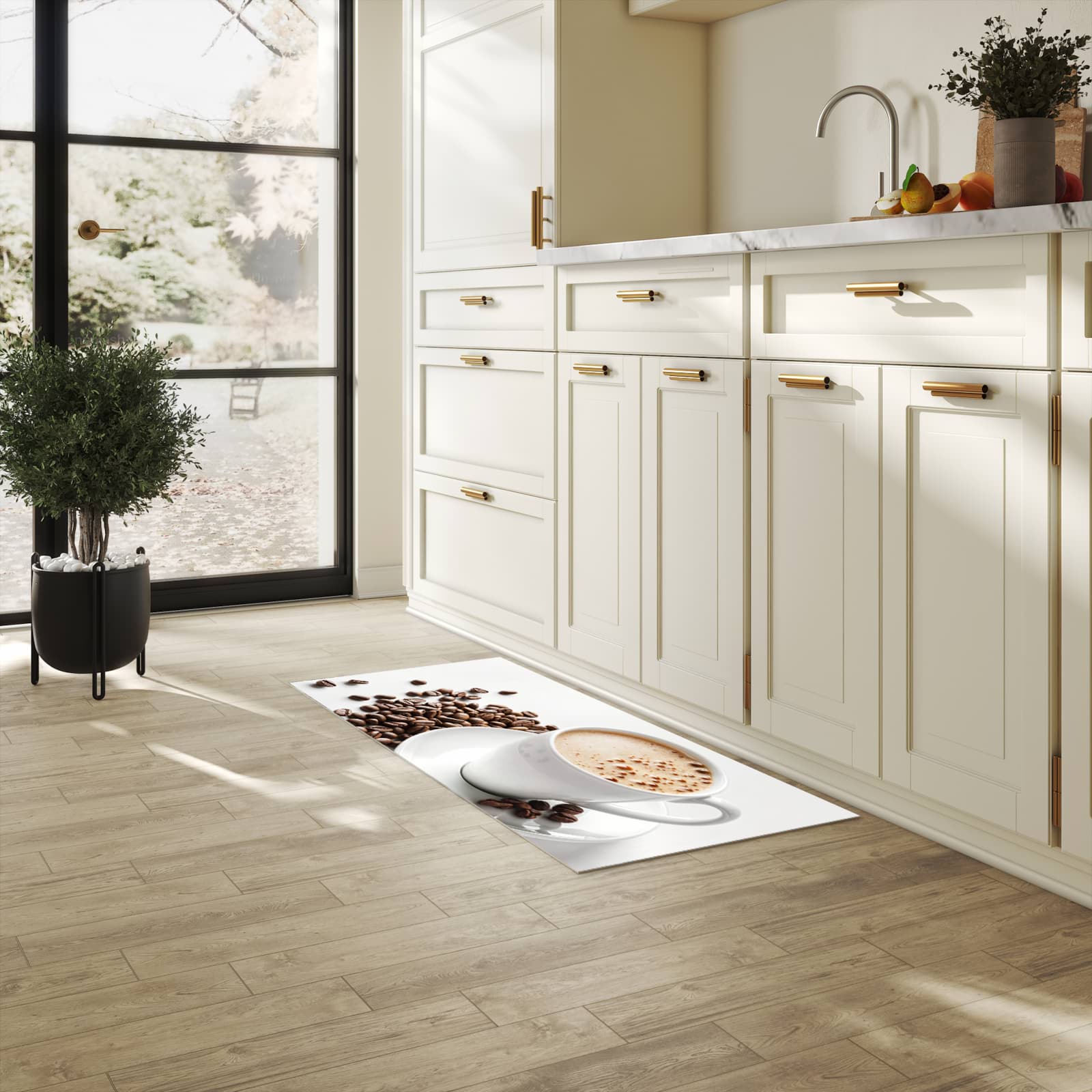 Pflegeleichter dünner Küchenteppich mit Motiv Kaffeetasse und Bohnen in heller Küche