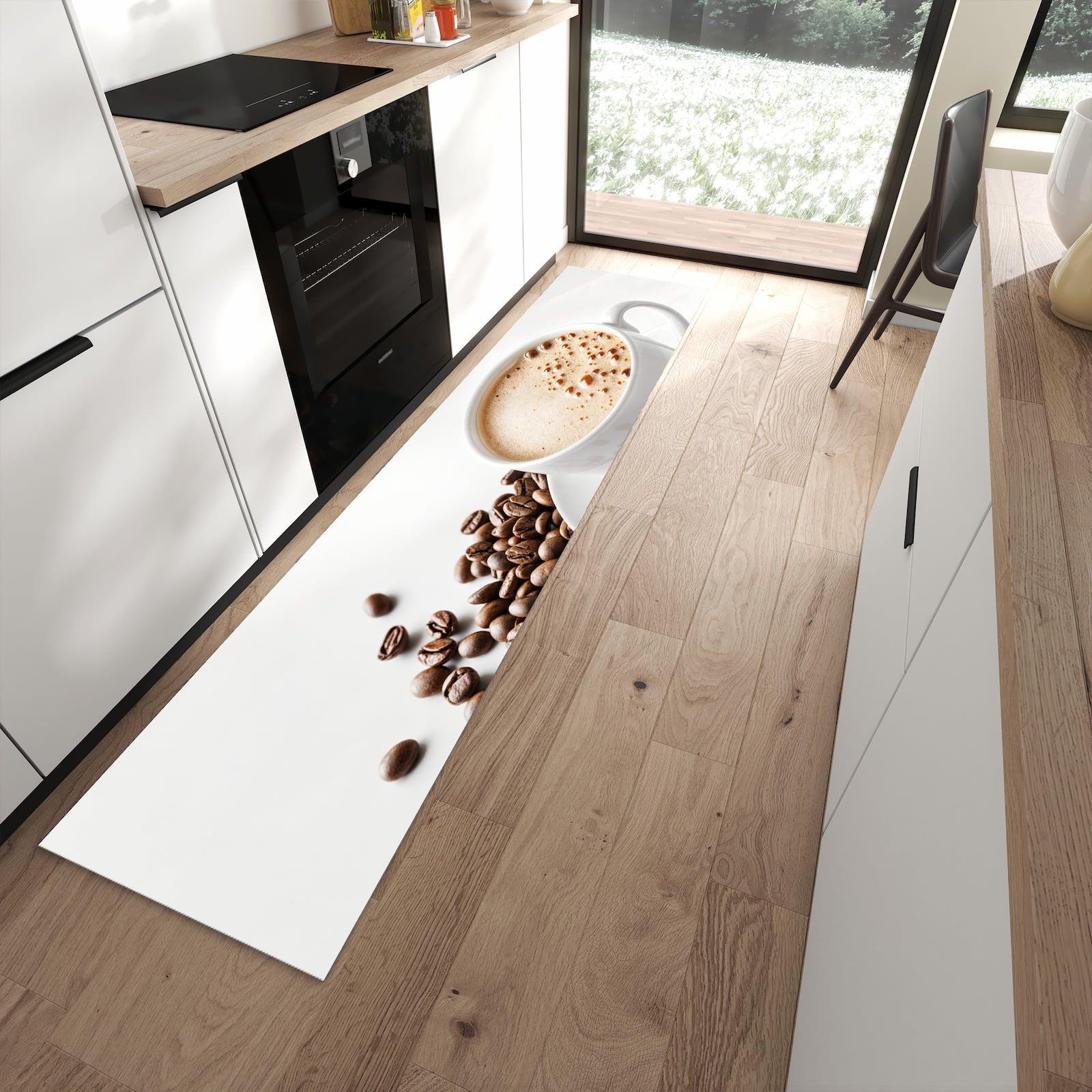 Waschbarer Küchenteppich mit Motiv Kaffeetasse und Bohnen in moderner Küche