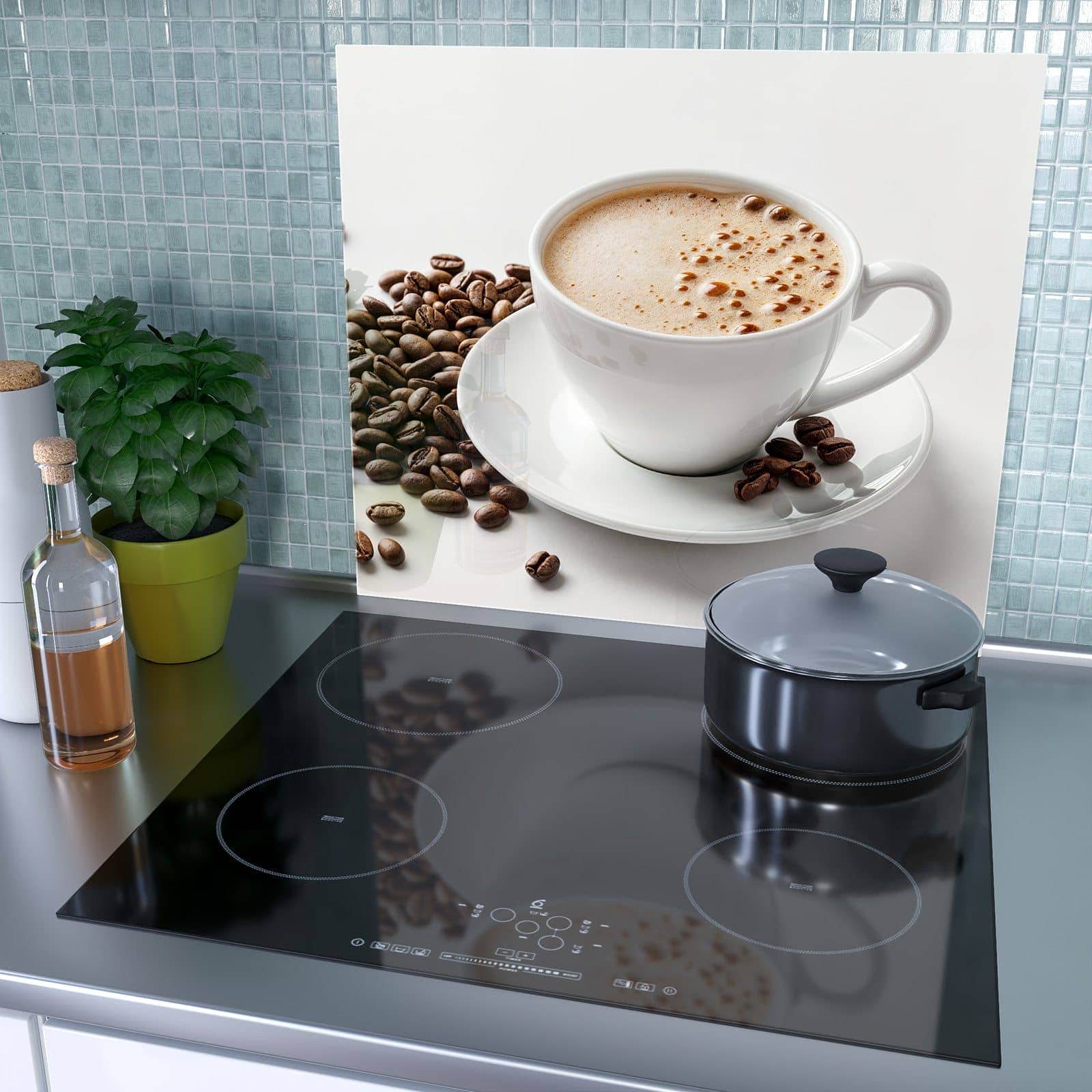 1-teilige Herdabdeckplatte mit Kaffeetasse und Bohnen-Motiv als Spritzschutz hinter dem Kochfeld