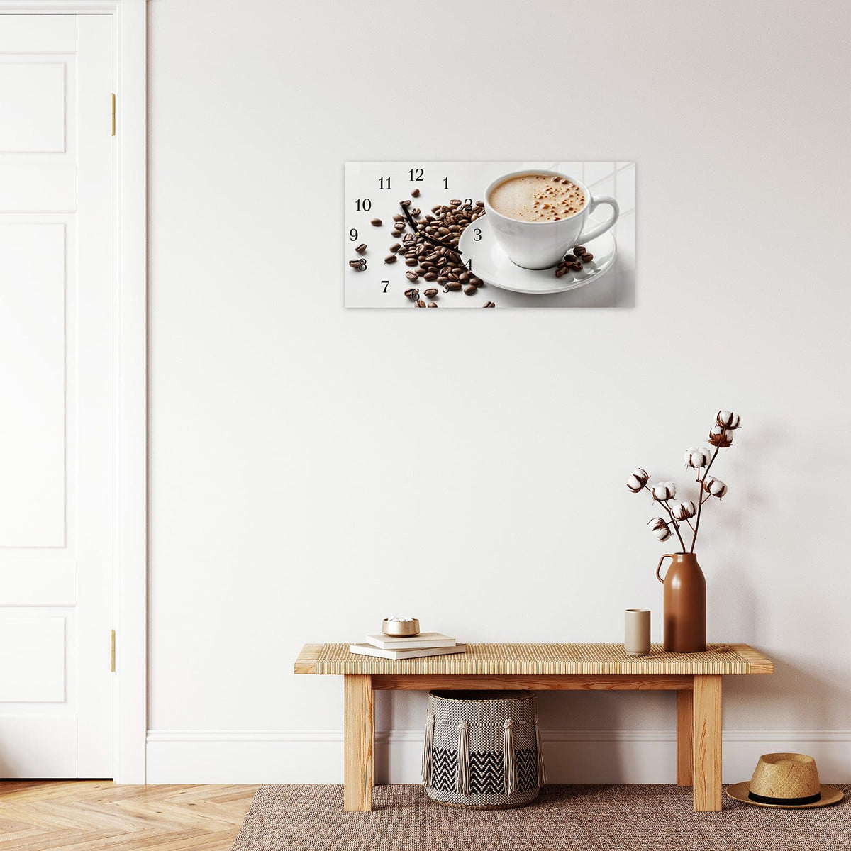 Moderne Wanduhr aus Glas mit Farbtiefe – Wanduhr Kaffeetasse und Bohnen aus Glas – Querformat 60 × 30 cm