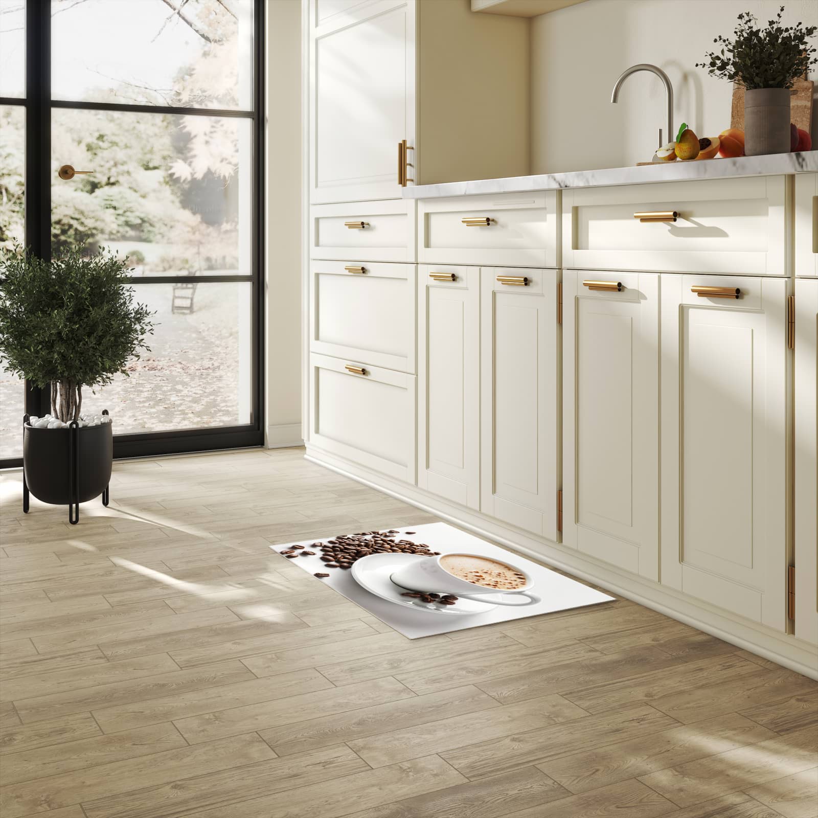 Hygienischer Bodenläufer Teppich mit Motiv Kaffeetasse und Bohnen in heller Küche