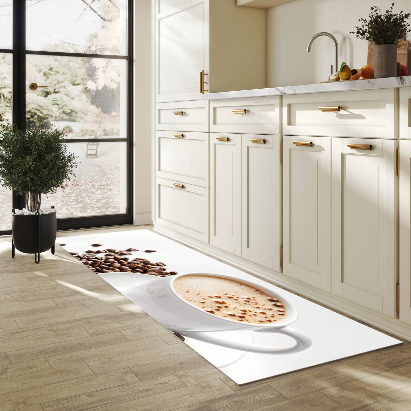 Langlebiger Küchenläufer mit Motiv Kaffeetasse und Bohnen in heller Küche