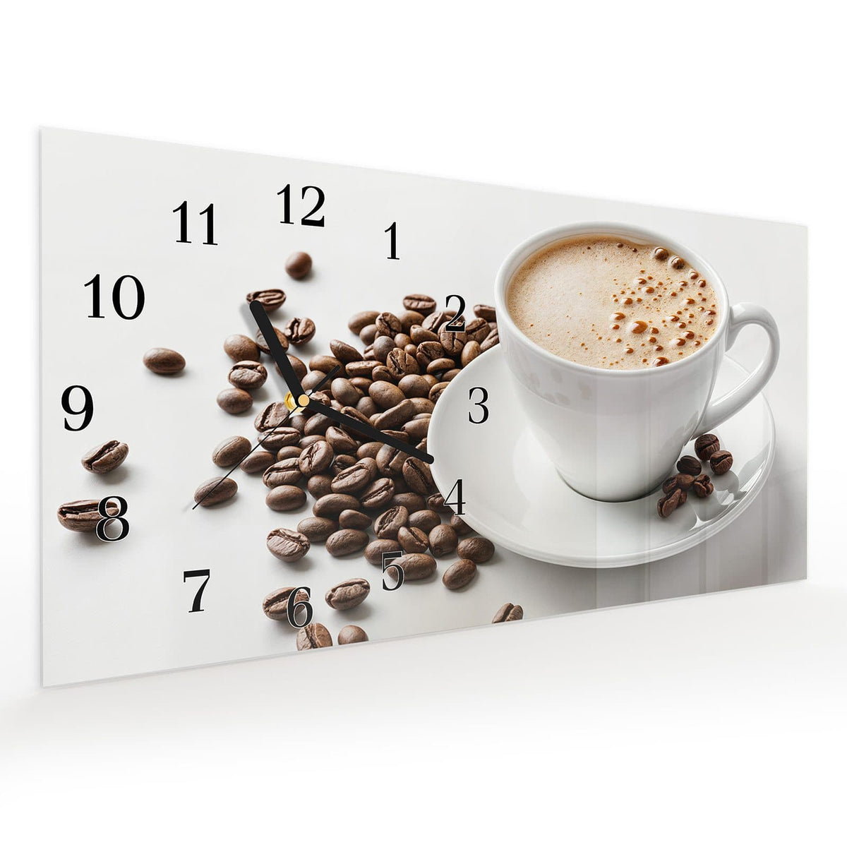 Vormontiert – mit Schwebeeffekt – Wanduhr Kaffeetasse und Bohnen aus Glas – Querformat 60 × 30 cm