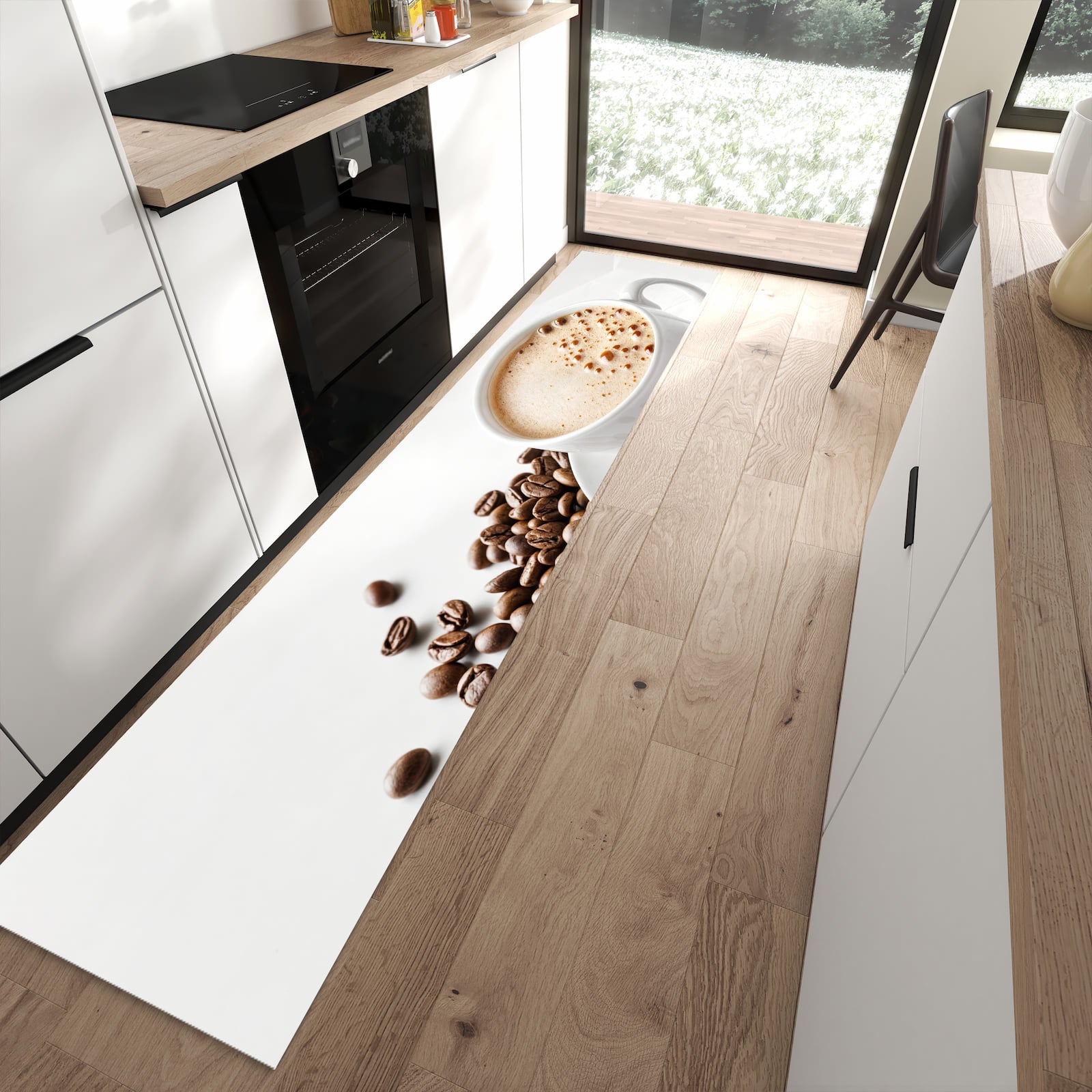 Langlebiger waschbarer Küchenteppich mit Motiv Kaffeetasse und Bohnen in moderner Küche