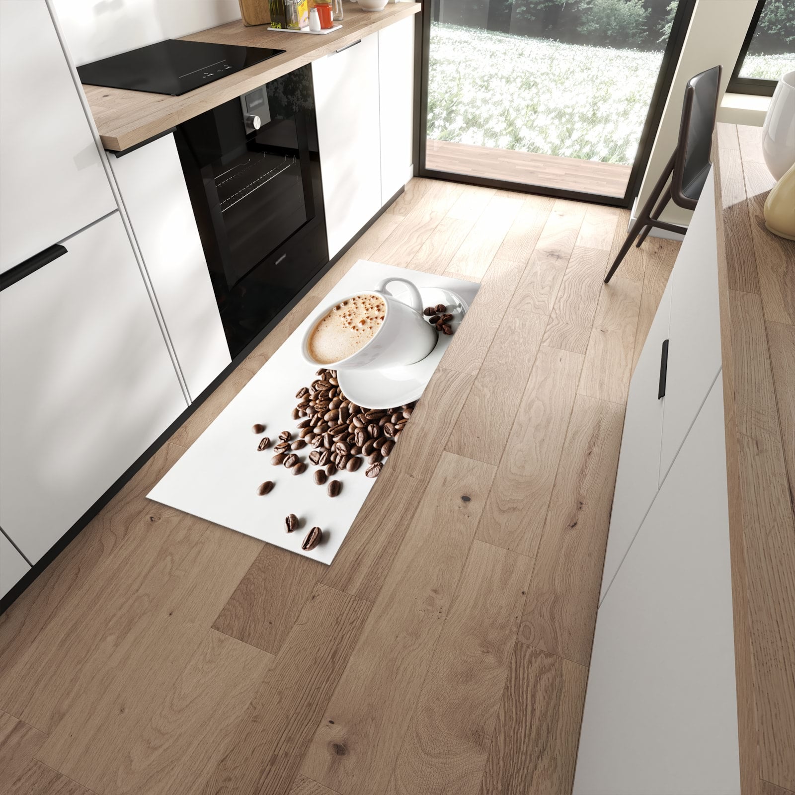 Komfortabler Küchenteppich mit Motiv Kaffeetasse und Bohnen in moderner Küche #grösse_60 x 150 cm