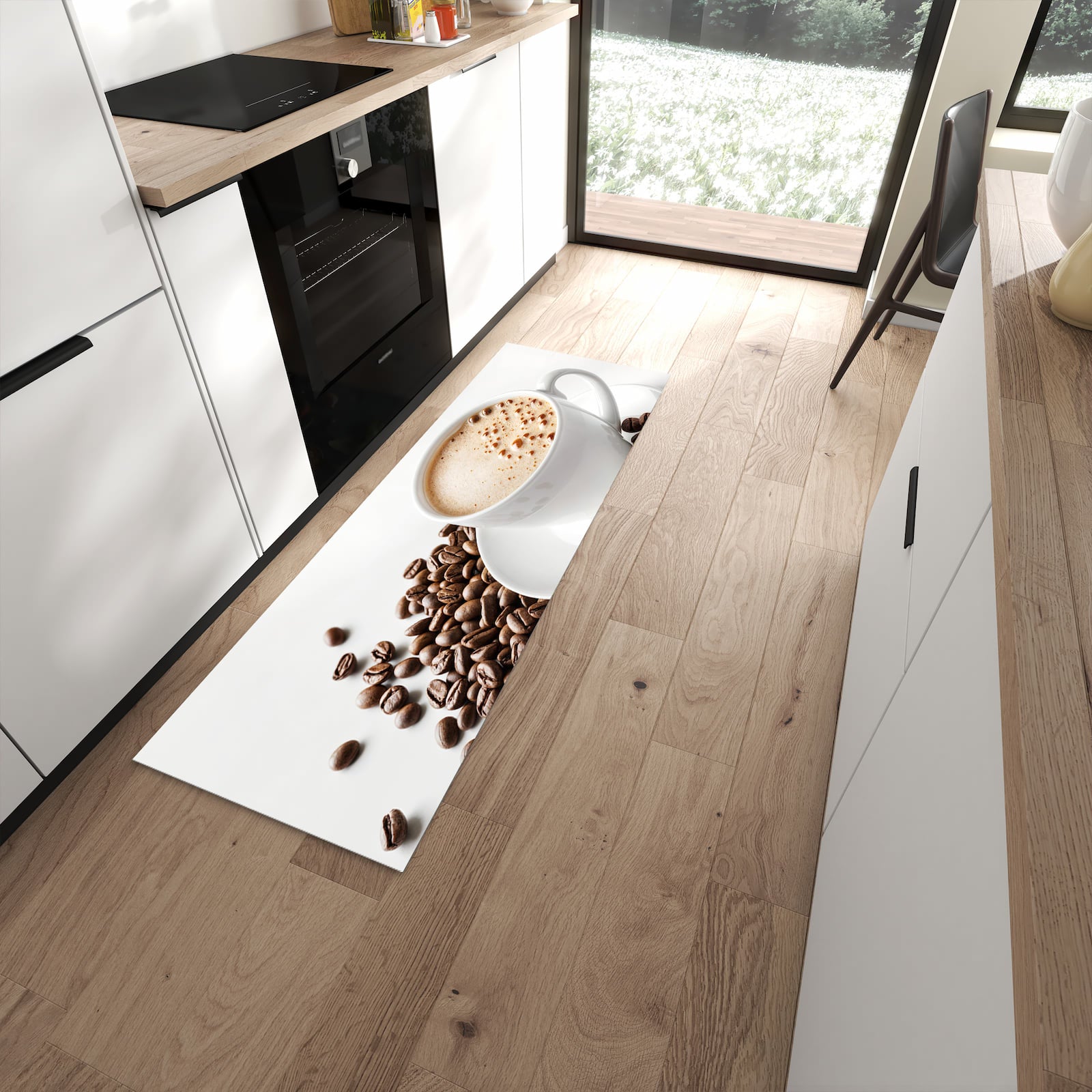 Hygienischer rutschfester Küchenteppich mit Motiv Kaffeetasse und Bohnen in moderner Küche