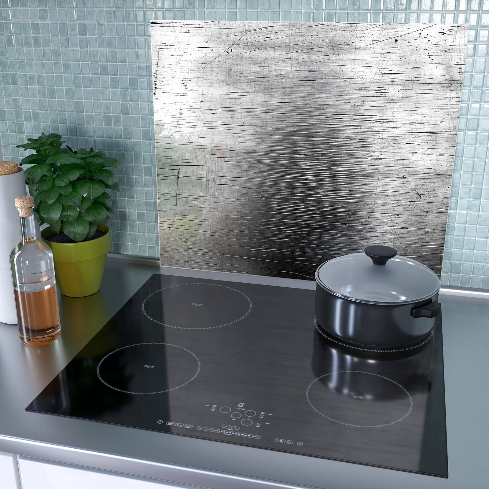 1-teilige Herdabdeckung für Induktionsfeld mit Strukturierte Oberfläche-Motiv als Spritzschutz hinter dem Kochfeld