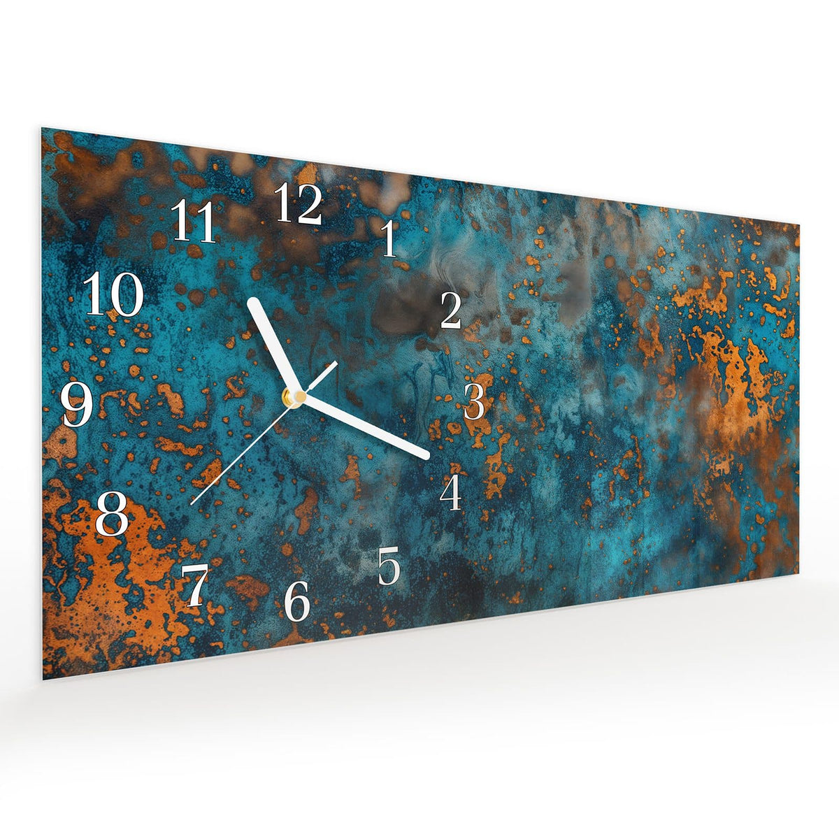 Vormontiert – mit Schwebeeffekt – Wanduhr Blaue Maserung aus Glas – Querformat 60 × 30 cm