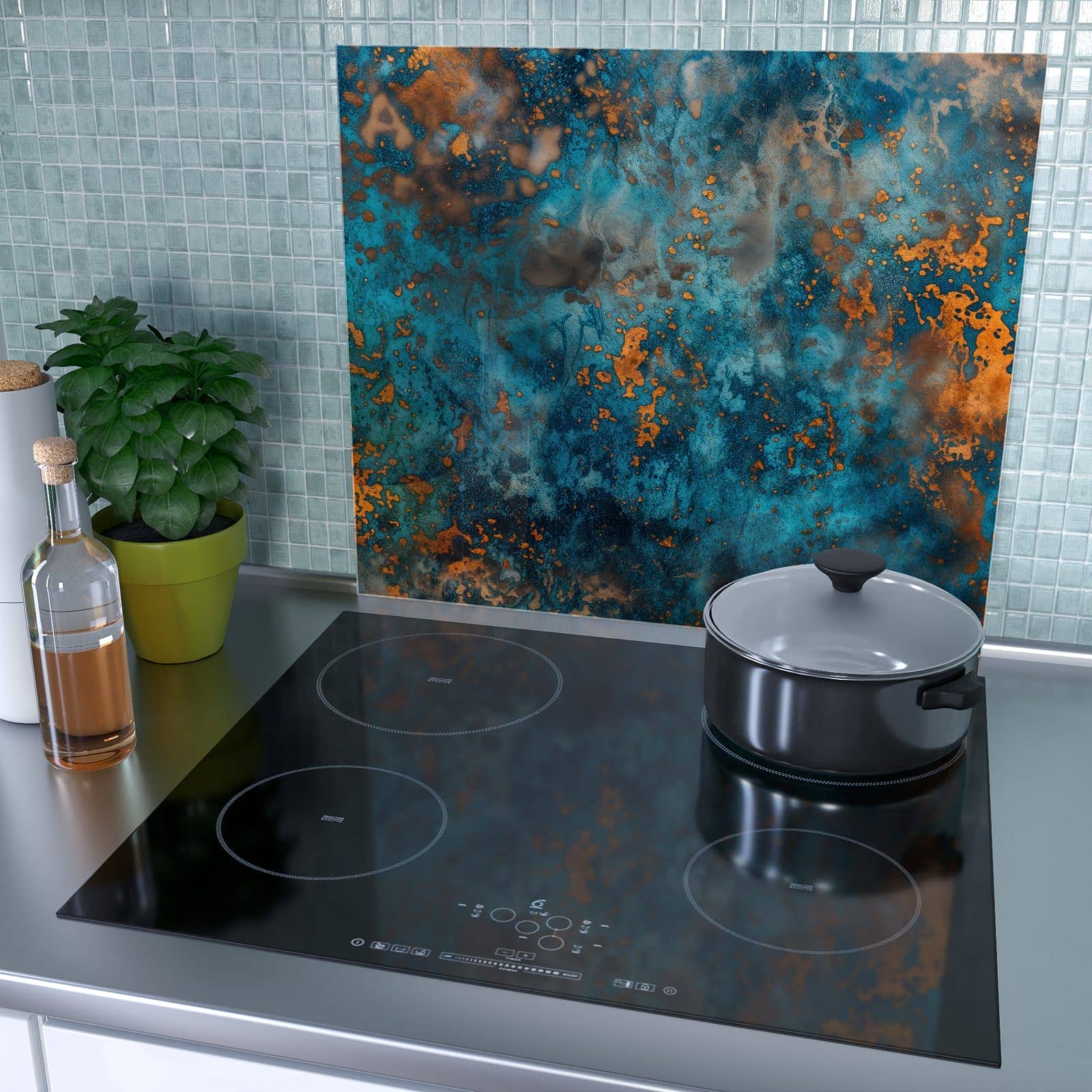 1-teilige Abdeckplatte für Ceranfeld mit Blaue Maserung-Motiv als Spritzschutz hinter dem Kochfeld
