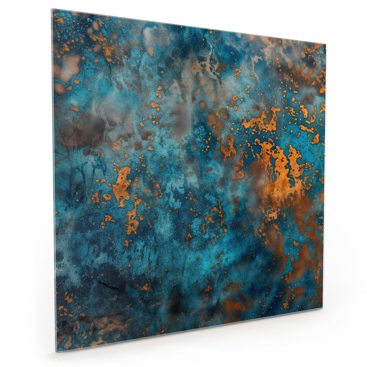 Küchenrückwand aus Glas im quadratischen Format: Türkisblaue Fläche mit rostorangen Flecken wie oxidiertes Kupfer #grösse_40 x 40 cm #grösse_50 x 50 cm #grösse_60 x 60 cm