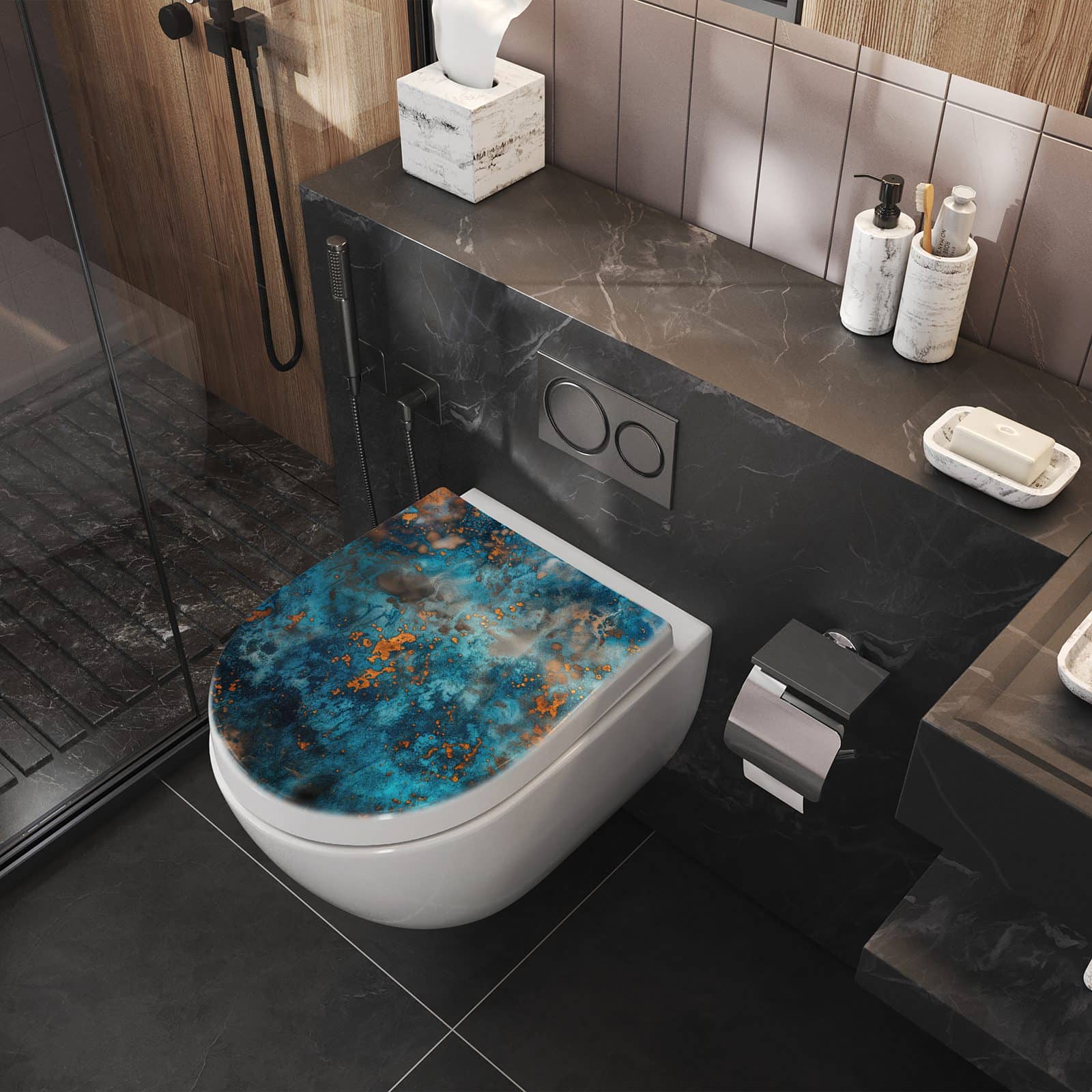 WC-Sitz mit Absenkautomatik Blaue Maserung