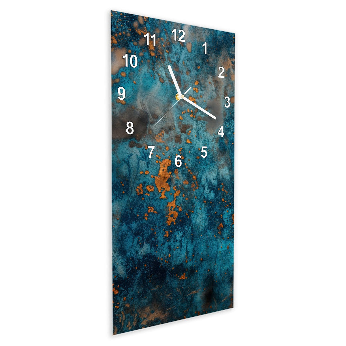 Wanduhr aus Glas im Hochformat Kupferpatina schräg von der Seite, 4 mm starkes Glas