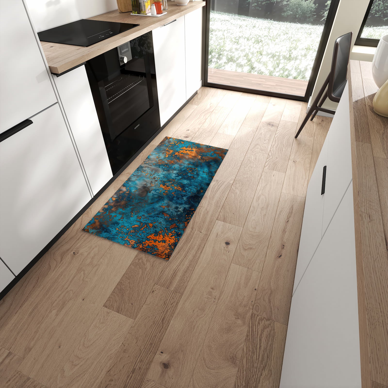 Waschbarer Küchenteppich mit Motiv Blaue Maserung in moderner Küche #grösse_60 x 120 cm