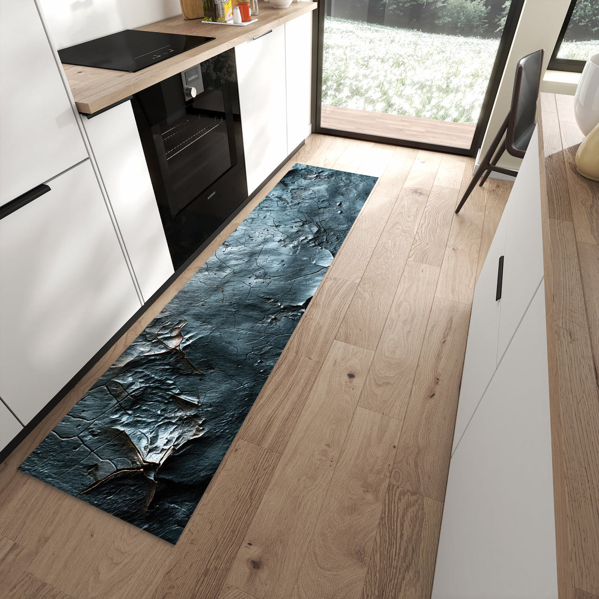 Komfortabler Bodenläufer-Teppich mit Motiv Oberfläche von Strukturierte in moderner Küche